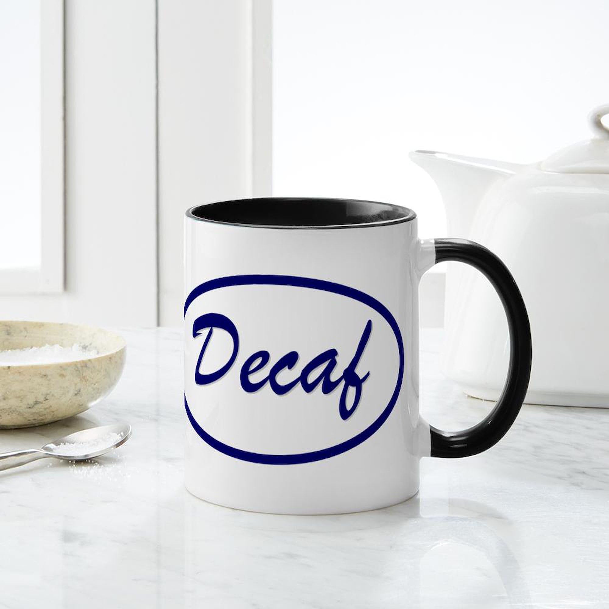 Decaf Coffee Mug 11 oz (325 ml) - Ceramic Coffee Cup with Custom Name Patch - Perfect for Office, Home & Gifts