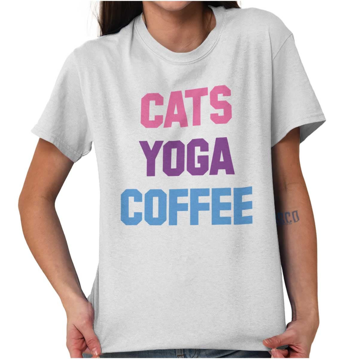 Funny Cat Yoga Coffee Graphic T-Shirt for Women | Cute & Comfortable Cotton Tee | Perfect for Yoga, Relaxing & Casual Wear