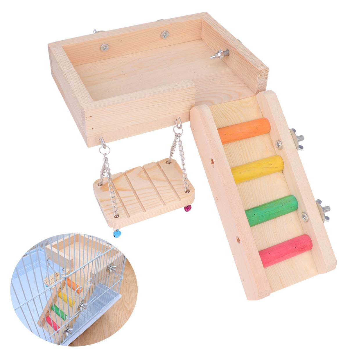 POPETPOP Parrot Chewing Toy Set - Bird Swing, Ladder & Chew Toys for Parakeets, Cockatiels, Conures | Durable Pet Bird Accessories for Cage Play, Exercise & Mental Stimulation