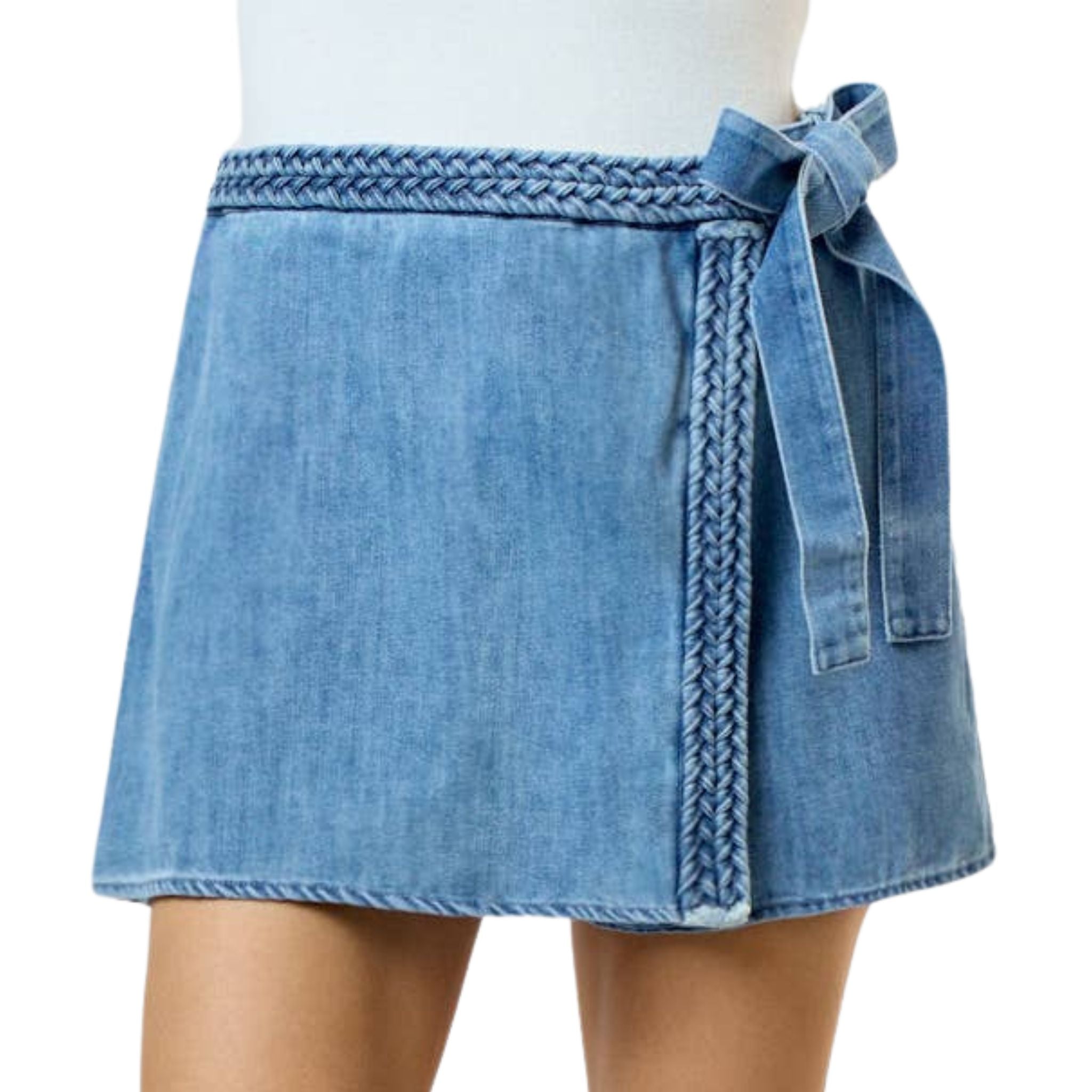 Braided Denim Waist Tie Wrapped Skort - High Waisted Stretch Denim Skirt with Adjustable Belt for Women | Perfect for Casual Outings, Summer Dresses & Office Wear