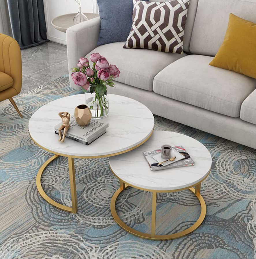 Modern Round Nesting Coffee Table Set of 2 - Sturdy Metal Frame & Marble Pattern Wooden Side Tables for Living Room - Sofa End Table & Cocktail Table for Dining Room & Home Decor - Perfect for Small Spaces, Apartments & Cozy Home Settings
