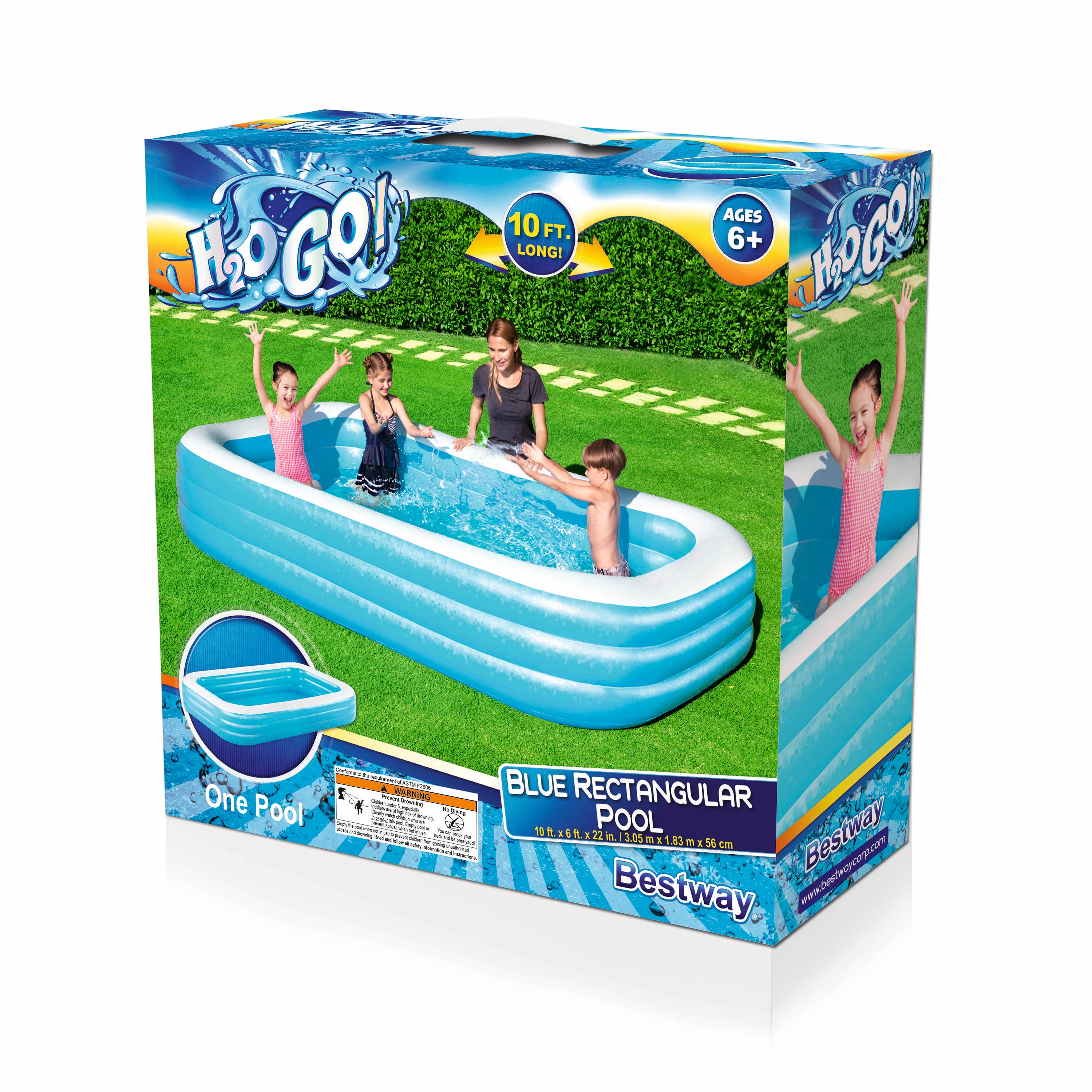 Bestway H2OGO! 10-Foot Rectangular Inflatable Family Swimming Pool - Blue | Perfect for Backyard Fun, Summer Parties & Kids Outdoor Activities