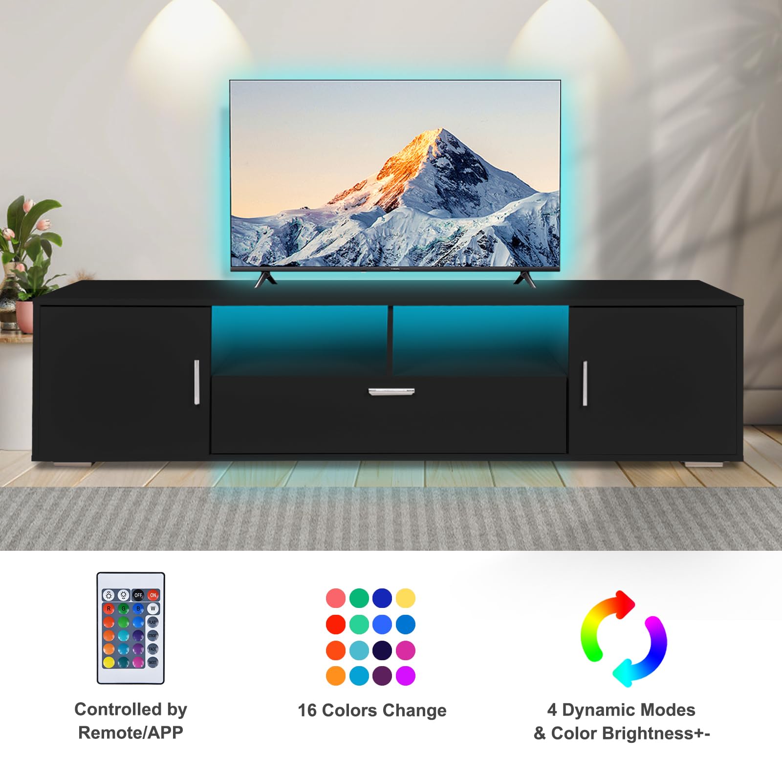65 Inch LED TV Stand with Storage - Modern TV Console Table Entertainment Center for Living Room, Bedroom & Office - Black Gaming TV Cabinet with 5 Shelves & 3 Drawers - Perfect for Home Theater & Apartment Furniture