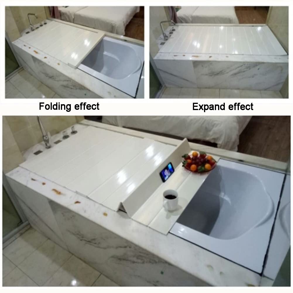 Foldable PVC Bathtub Cover - 0.6cm Thick Insulated Bath Lid for Heat Retention & Dust Protection, White 55x30 Inch Bath Tray for Wine Glasses, Tablets & Bathroom Storage - Perfect for Spa Relaxation & Home Bathroom Organization