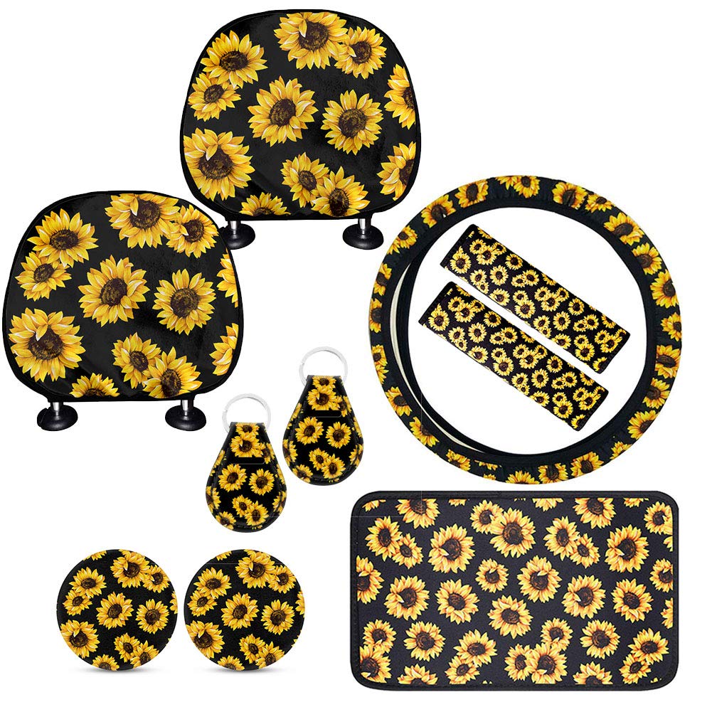 Babrukda 10-Piece Yellow Sunflower Car Accessories Set - Steering Wheel Cover, Armrest Pad, Seat Belt Shoulder Pads, Cup Holder Coasters, Keychain & Headrest Covers | Trendy Floral Car Interior Decor for Women | Perfect for Summer Road Trips & Gift Ideas