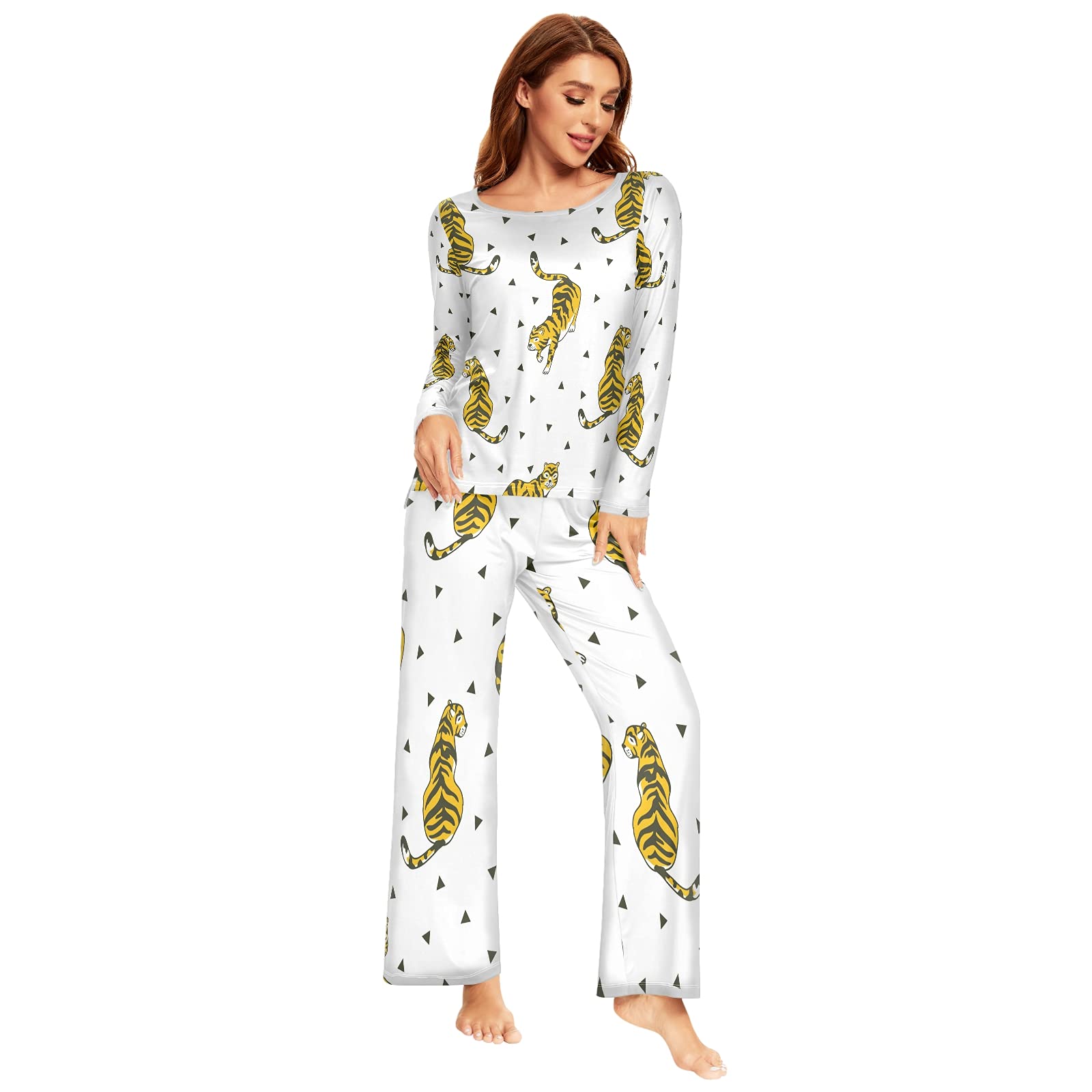 ALAZA Women's Tiger Print Triangle Pajama Set - Long Sleeve Sleepwear & Lounge Wear 2-Piece Set - Soft Comfortable Nightwear for Sleeping, Relaxing at Home or Vacation