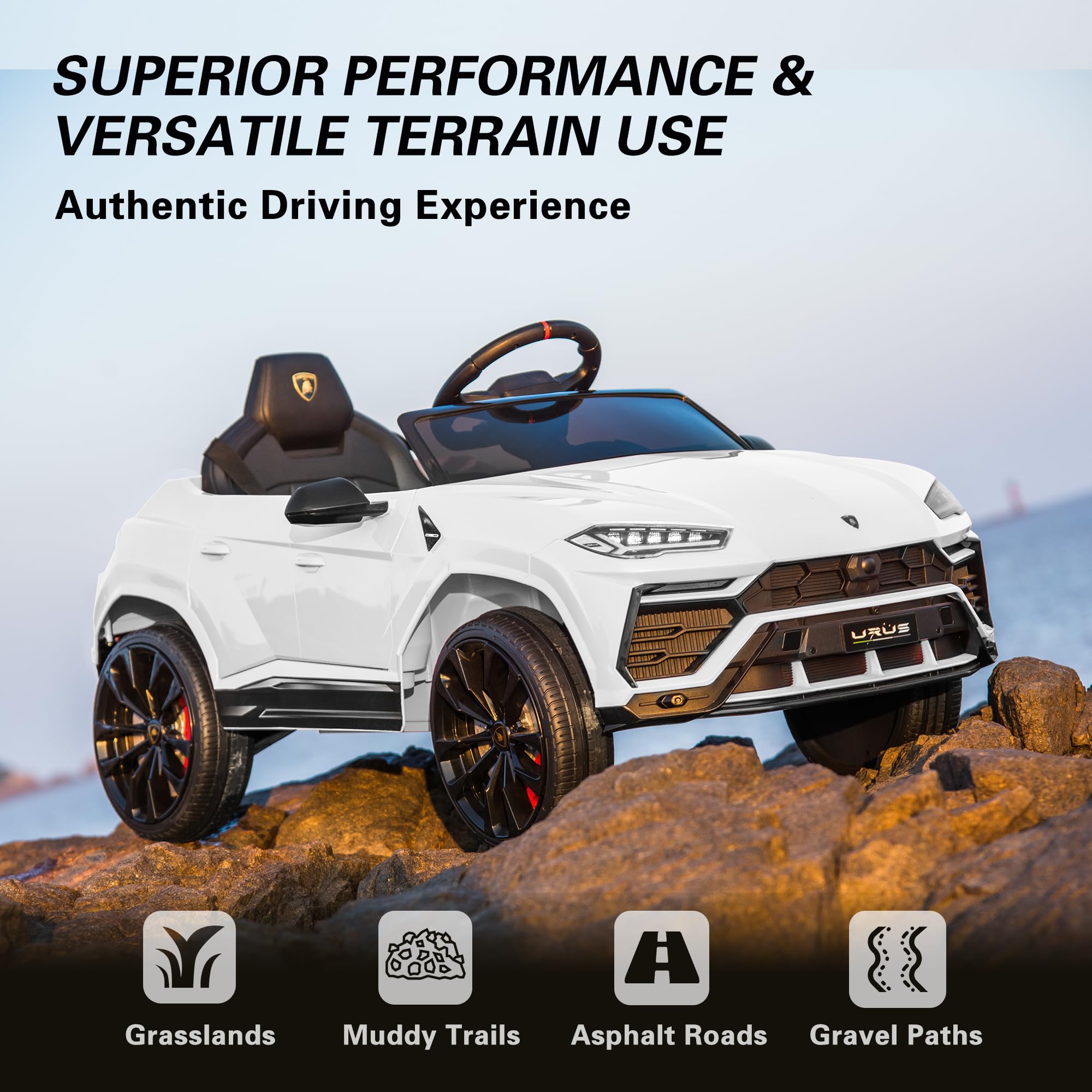 Licensed Lamborghini Urus 12V Electric Ride-On Car for Kids - Remote Control, 2 Speeds, LED Headlights, Music & Aux - Perfect for Birthday Gifts & Outdoor Play (White)