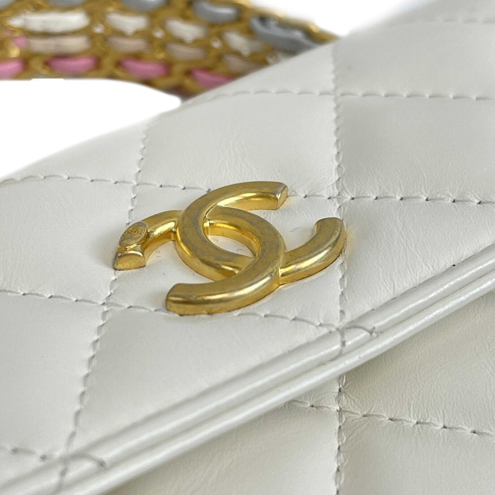 Chanel Quilted White Lambskin CC Phone Holder with Top Handle & Crossbody Strap - Luxury Phone Pouch for Women, Perfect for Parties, Shopping & Everyday Use