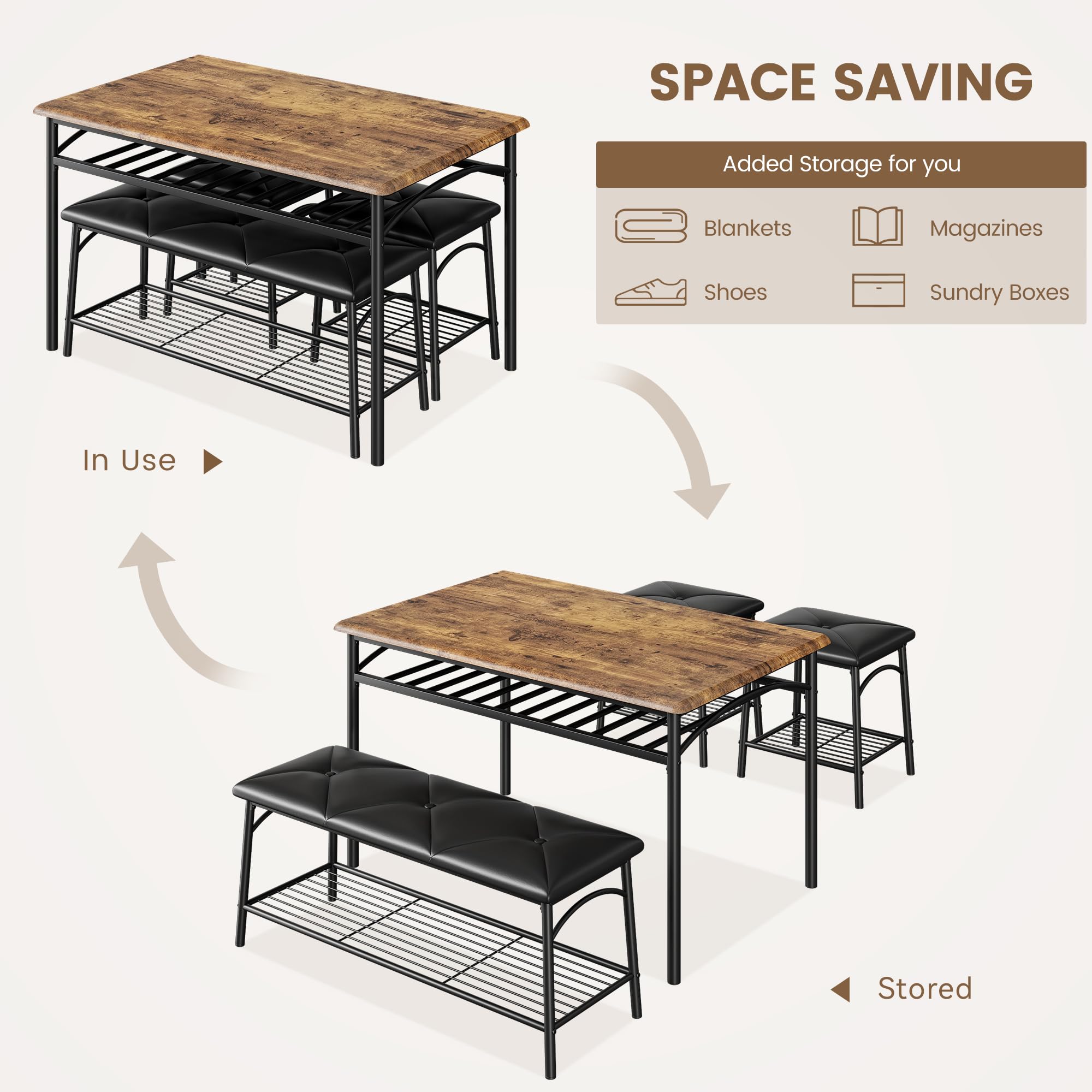 IDEALHOUSE 4-Piece Rustic Brown Dining Table Set with Upholstered Bench & Square Stools - Space Saving Kitchen Table for Small Apartments | Perfect for Breakfast Nooks, Compact Dining Areas & Cozy Family Meals