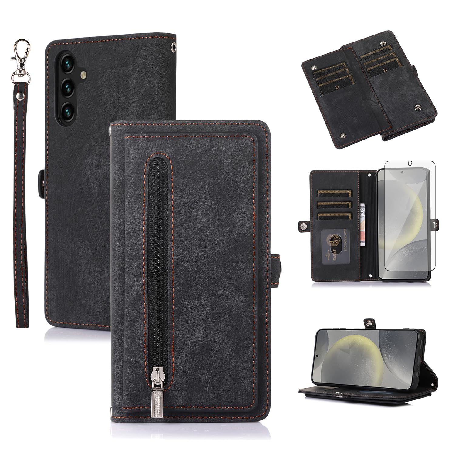 Premium Leather Wallet Phone Case for Samsung Galaxy S24 Plus 5G - Shockproof Flip Cover with Card Slots, Tempered Glass Screen Protector & Kickstand (Black) - Perfect for Business, Travel & Daily Use