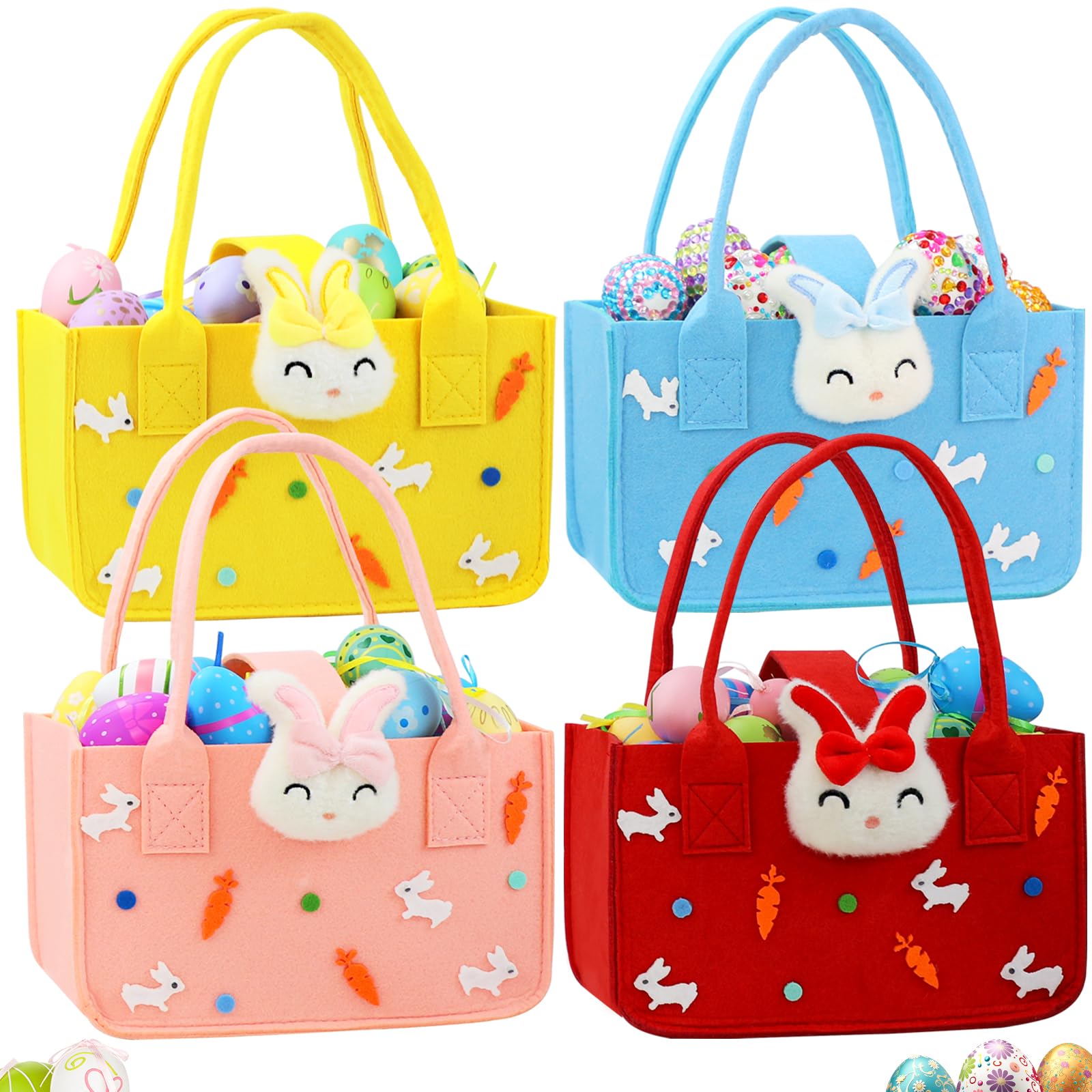 Easter Baskets with Handles - 4 Pack Reusable Felt Bunny Tote Bags for Easter Egg Hunt, Party Favors, Gift Wrapping & Easter Decorations - Perfect for Kids Easter Party, Spring Celebrations & Holiday Gift Giving