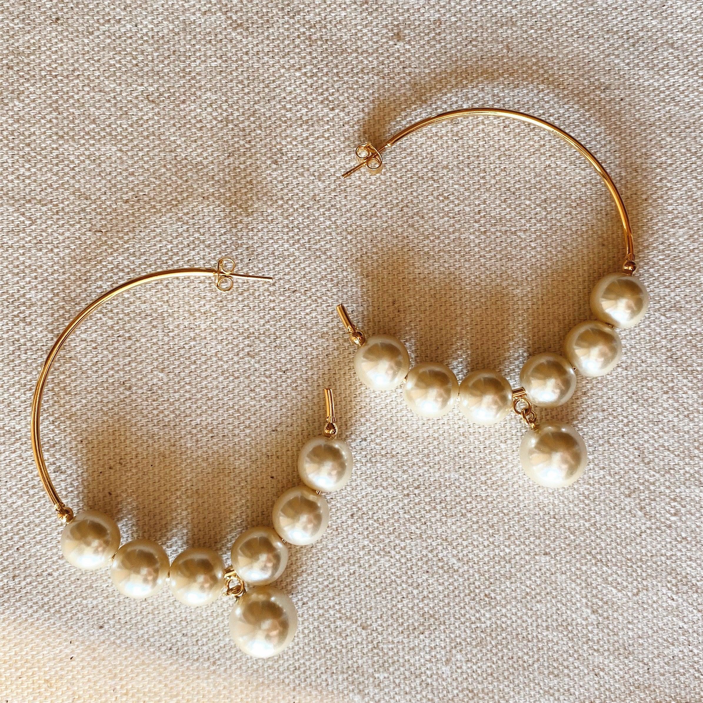 18K Gold Filled Pearl C Hoop Earrings for Women - Elegant Dangle Drop Earrings for Party, Wedding & Everyday Wear