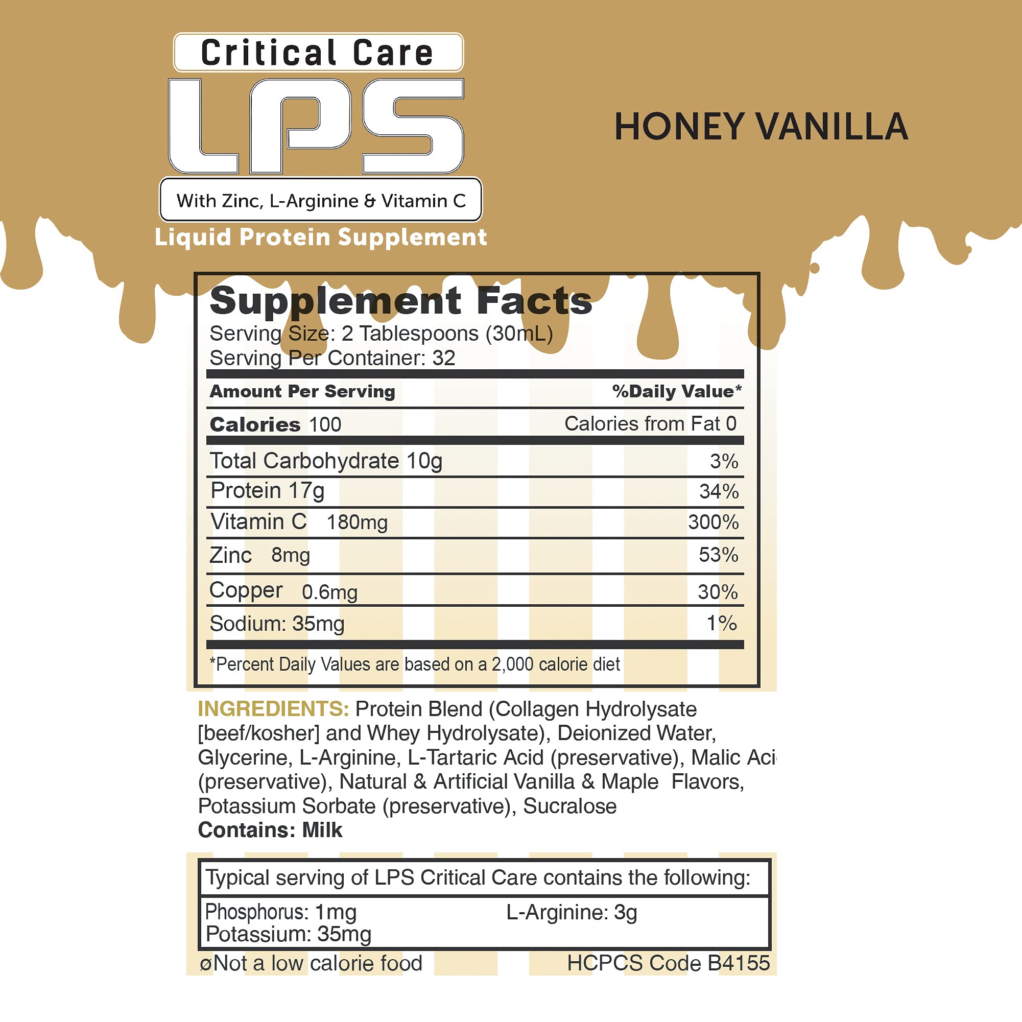 Nutritional Designs LPS Liquid Collagen & Whey Protein Powder Supplement - Sugar Free, Non-GMO, Keto Friendly Drink for Skin, Hair & Joint Health - Honey Vanilla Flavor (Critical Care) - Perfect for Post-Workout Recovery & Daily Wellness Boost