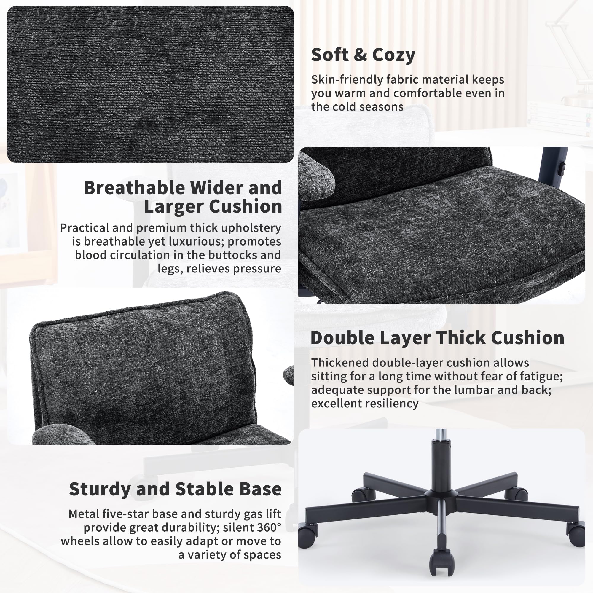 Ergonomic Cross-Legged Office Chair with Wheels & Adjustable Flip-Up Arms - Wide Seat Desk Chair with Thick Cushion for Home Office, Apartment, Bedroom - Perfect for Meditation, Yoga & Work (Black)