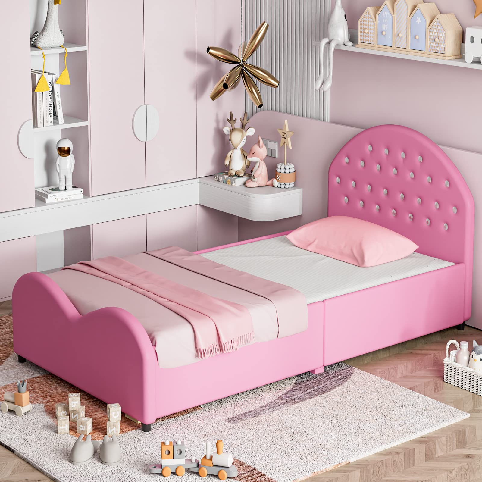 HONEY JOY Twin Bed Frame for Kids - Sturdy Wooden Platform Bed with Headboard & Slat Support, No Box Spring Required | Perfect for Boys & Girls Bedrooms | Fits Standard Twin Mattress (Pink) | Ideal for Toddler Rooms, Sleepovers & Kids' Bedroom Decor
