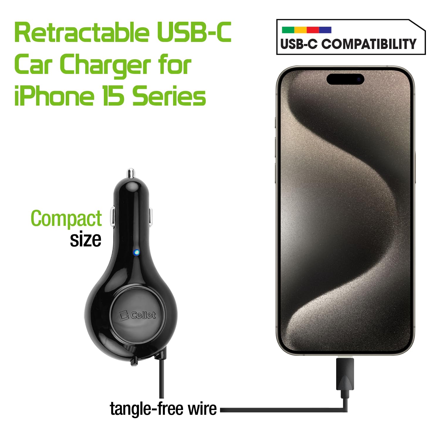 Cellet Retractable Car Charger for iPhone 15, Samsung Galaxy & Google Pixel - 15W Fast Charging USB-C Car Adapter - Perfect for Road Trips & Daily Commutes