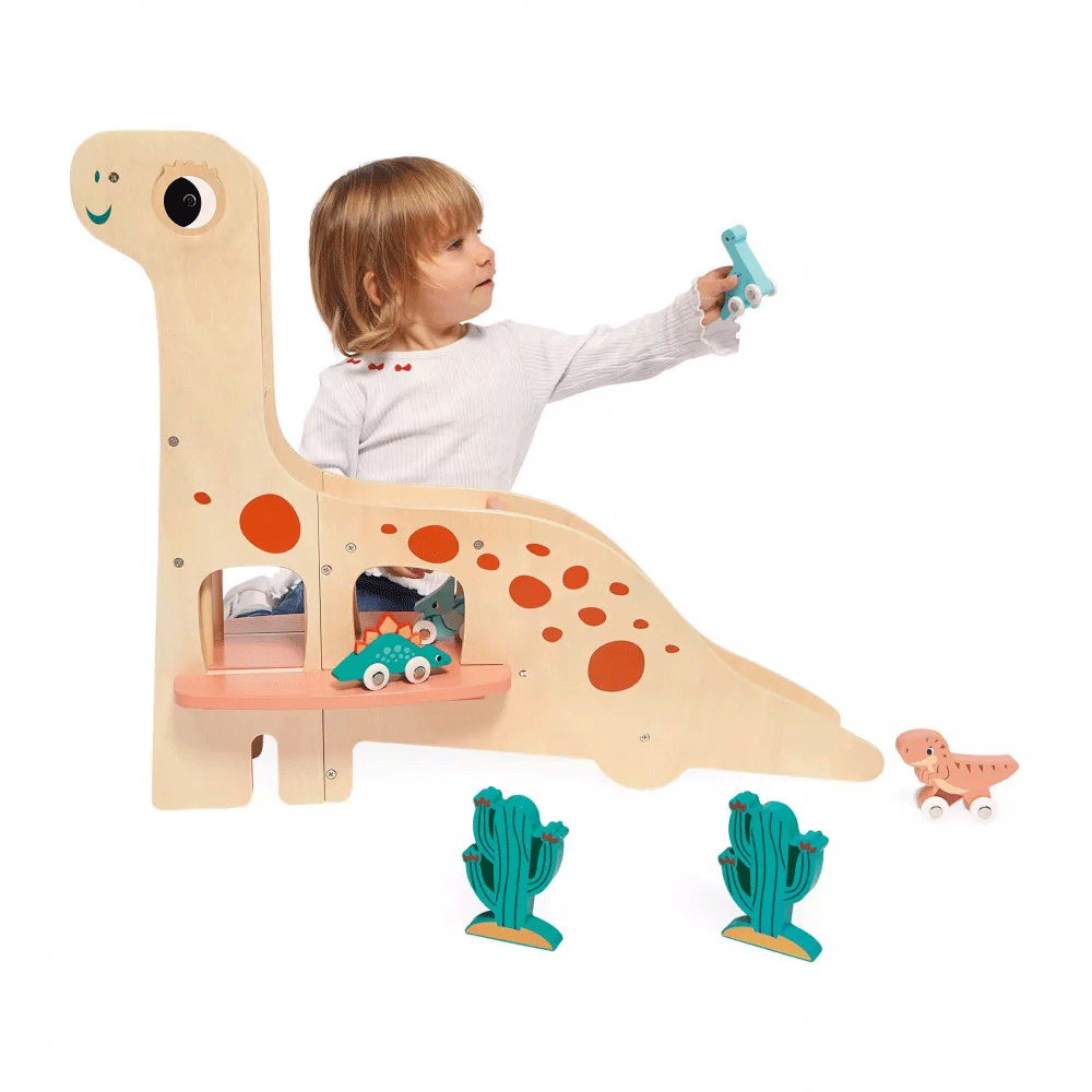 Janod Dino Garage - Wooden Toy Car Garage for Kids with Dinosaur Theme | Pretend Play, Imaginative Play, Gift for Boys & Girls Ages 3+
