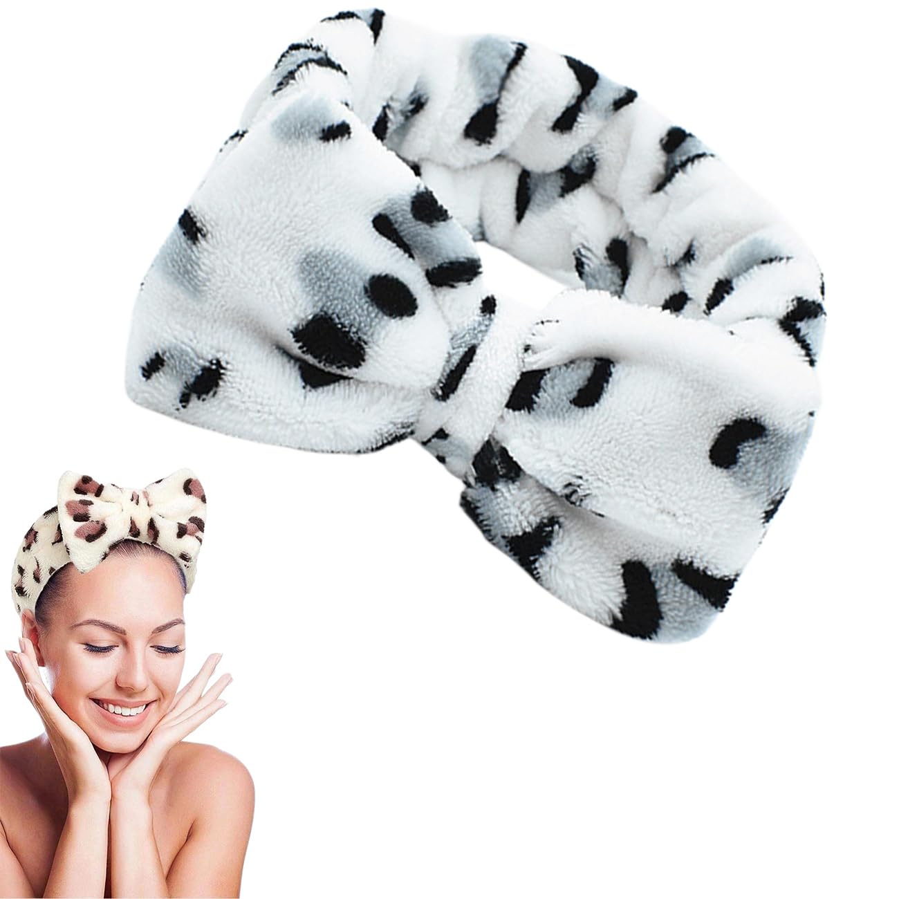 Traziewell Fluffy Bowknot Leopard Print Hair Band - Coral Fleece Makeup Headband for Women, Elastic Head Wrap for Washing Face, Yoga, Sports, Shower & Spa Skincare - Soft & Comfortable Facial Hair Accessory (HB000206) - Perfect for Daily Use, Gym, Beauty Routine & Relaxation