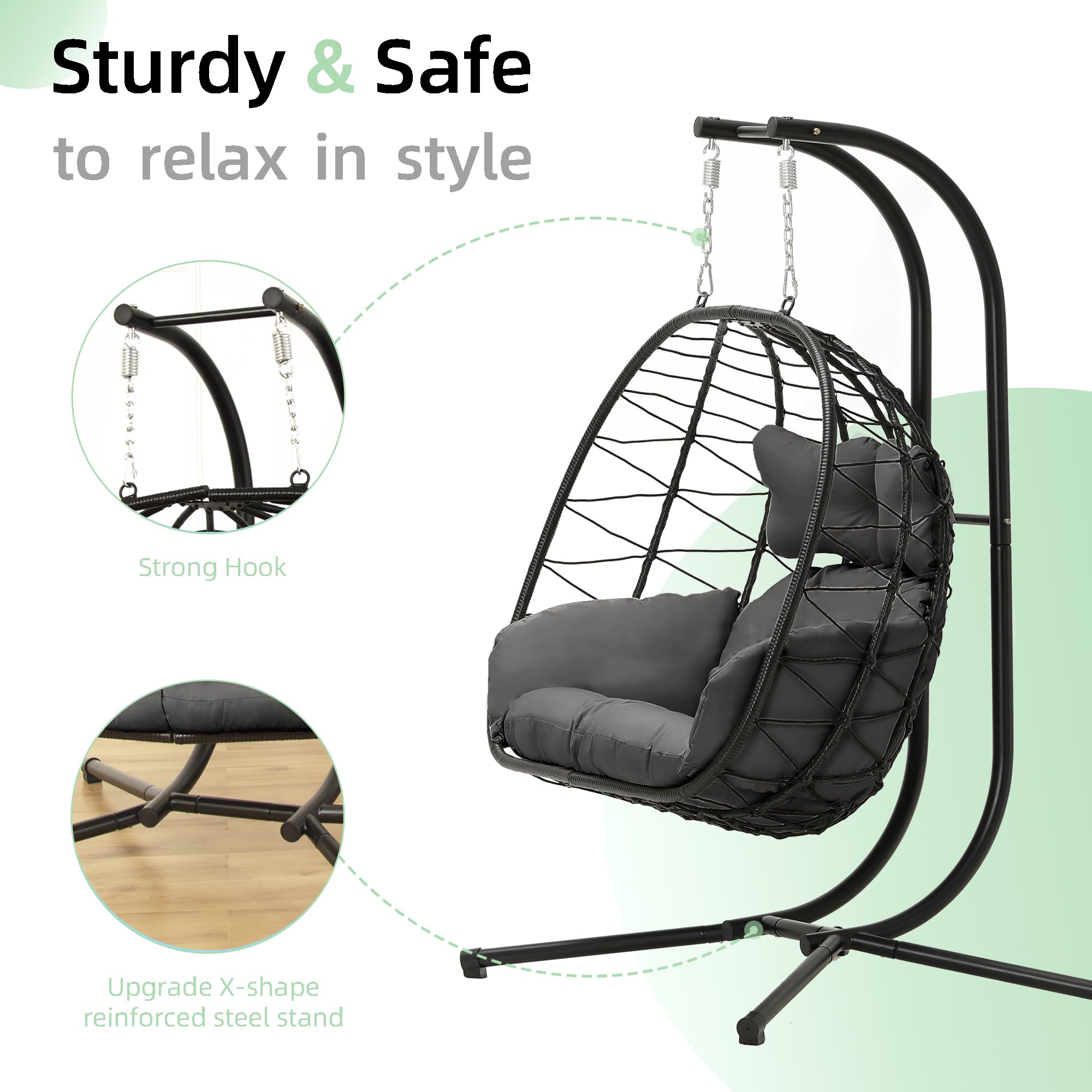 Double Egg Chair with Stand - Foldable Hammock Swing Chair with UV Resistant Removable Cushions, 700LBS Capacity - Perfect for Bedroom, Balcony, Garden, Patio & Backyard Relaxation (BK-GR)
