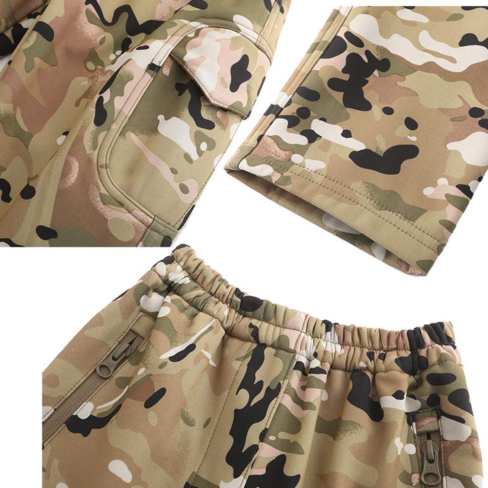 Kids Camouflage Softshell Jacket & Pants Set - Waterproof Windproof Outdoor Hooded Coat for Boys Girls Hunting Hiking Camping