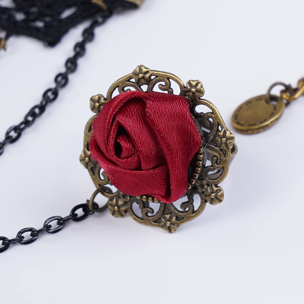 Elegant Black Lace Bracelet with Rose Ring - Floral Charm Bracelet for Women | Gothic Jewelry for Halloween Party, Date Night & Special Occasions