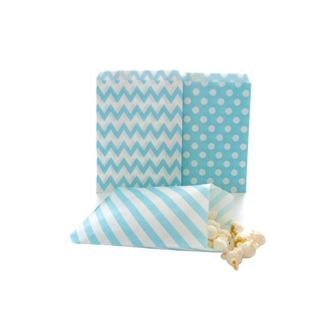 75 Pack Blue Candy Bags - Light Blue Striped, Polka Dot & Chevron Party Favor Bags for Birthday, Winter Frozen Snowflake Themed Events | Perfect for Baby Showers, Christmas Gifts & Goodie Bags