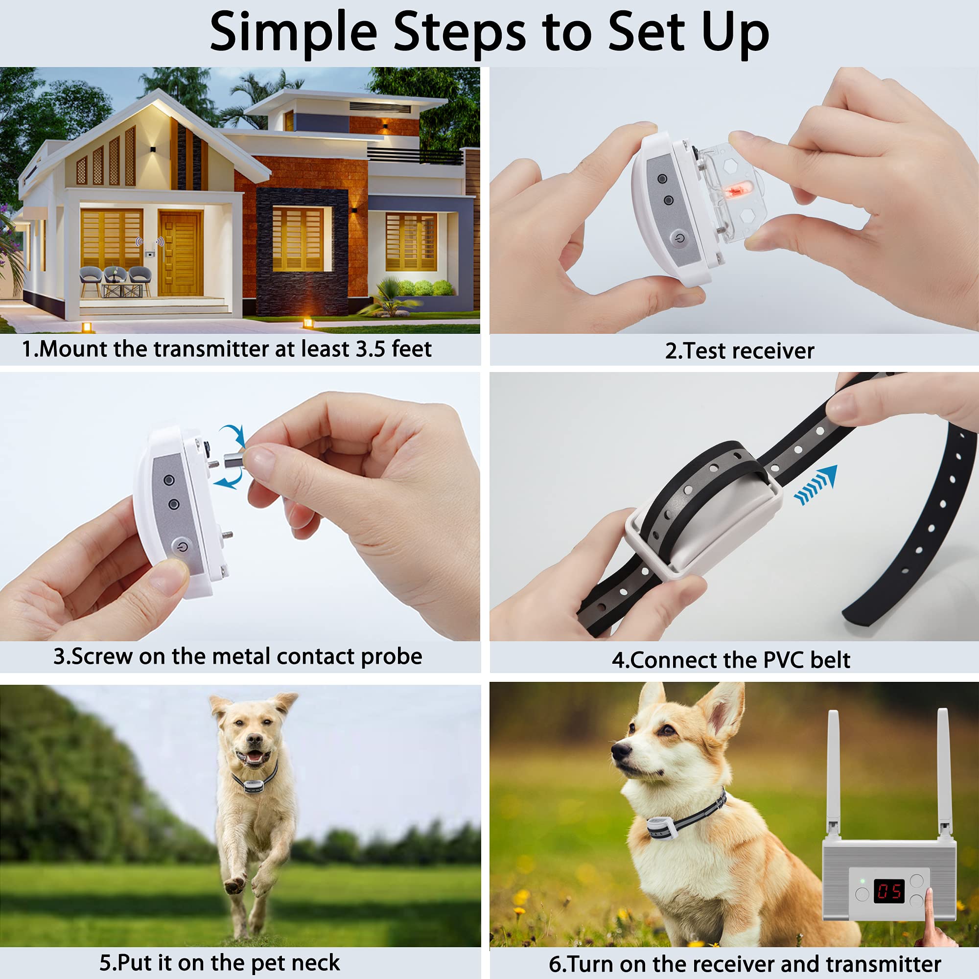 Electric Wireless Dog Fence System - Waterproof & Rechargeable Pet Containment for 2 Dogs | Boundary Control for Medium & Large Dogs | Indoor & Outdoor Use | Perfect for Backyards, Farms & Training (White)