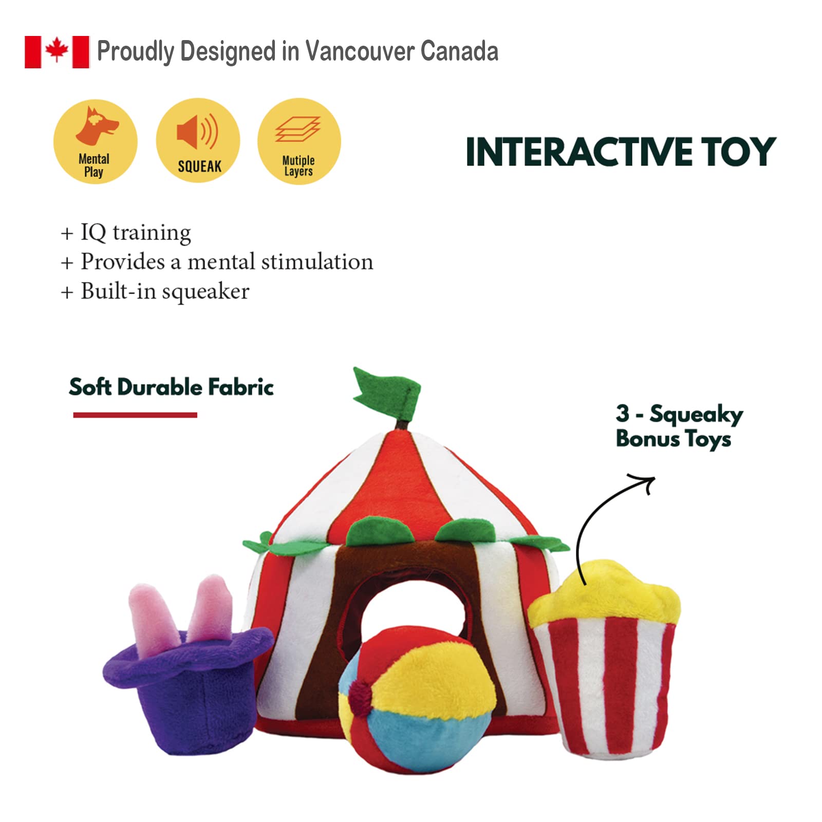 HugSmart Pet Happy Circus Squeaky Hide and Seek Plush Dog Toys - Interactive Puzzle Toys for Small & Medium Dogs | Fun Training & Playtime Companion for Indoor/Outdoor Activities