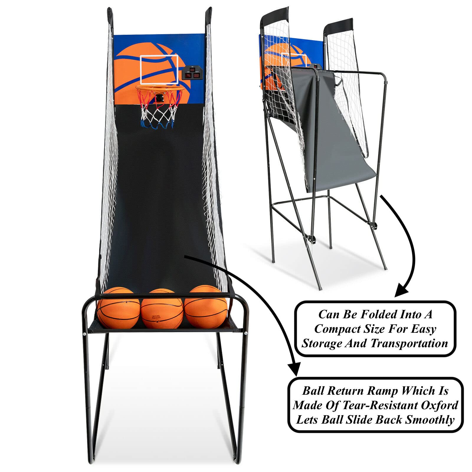 Foldable Single Shot Arcade Basketball Game Machine with 3 Basketballs, Air Pump & Electronic Scorer - Steel Frame, Premium MDF Backboard, Polyester Fabric Mesh Fence - Perfect for Parties, Family Gatherings, Game Rooms & Indoor/Outdoor Fun