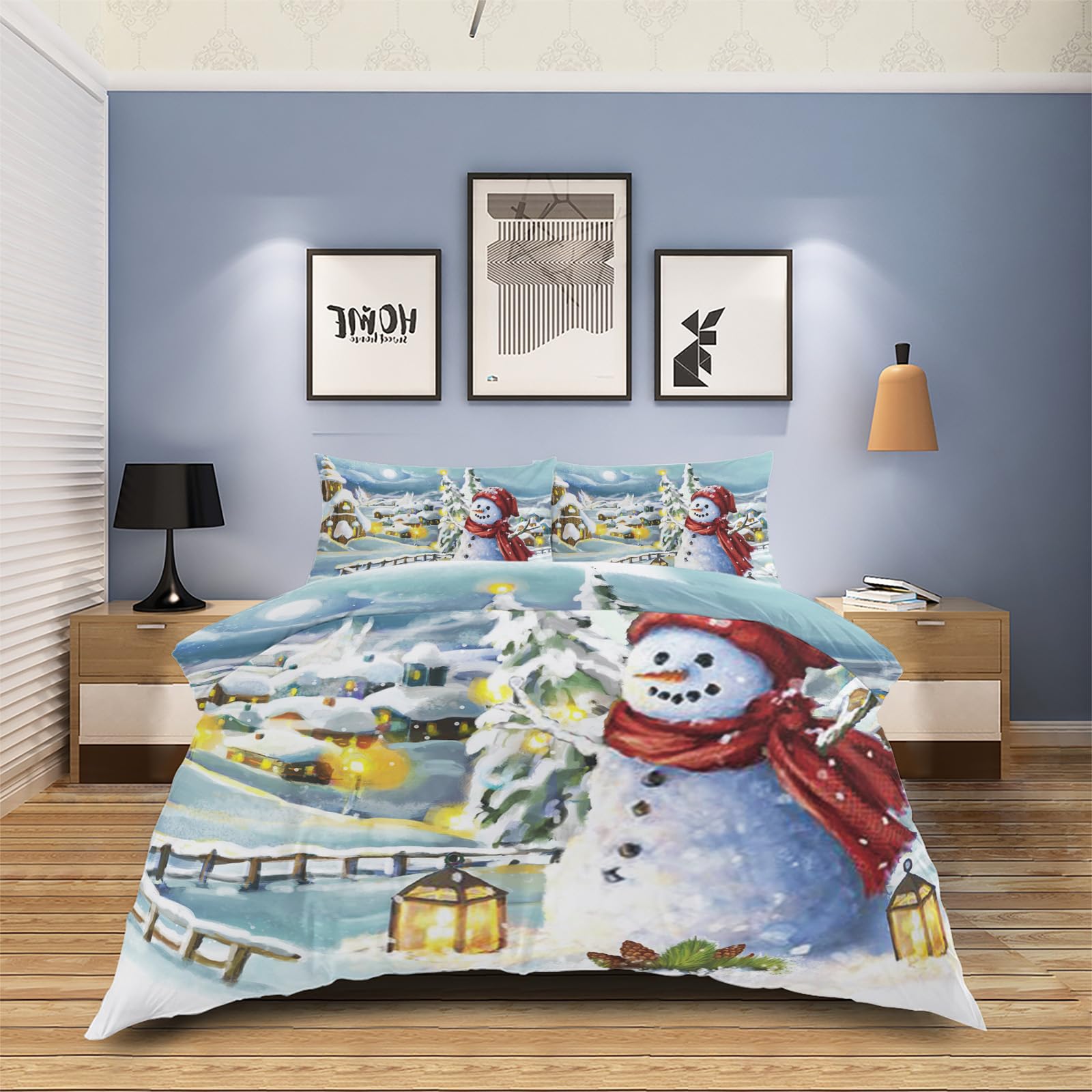 3 Piece Twin Size Christmas Village Snowman Duvet Cover Set with 2 Pillow Shams - Lightweight Soft Comforter Cover - Snowman in Snowland Design - Perfect for Holiday Bedroom Decor & Winter Themed Guest Room