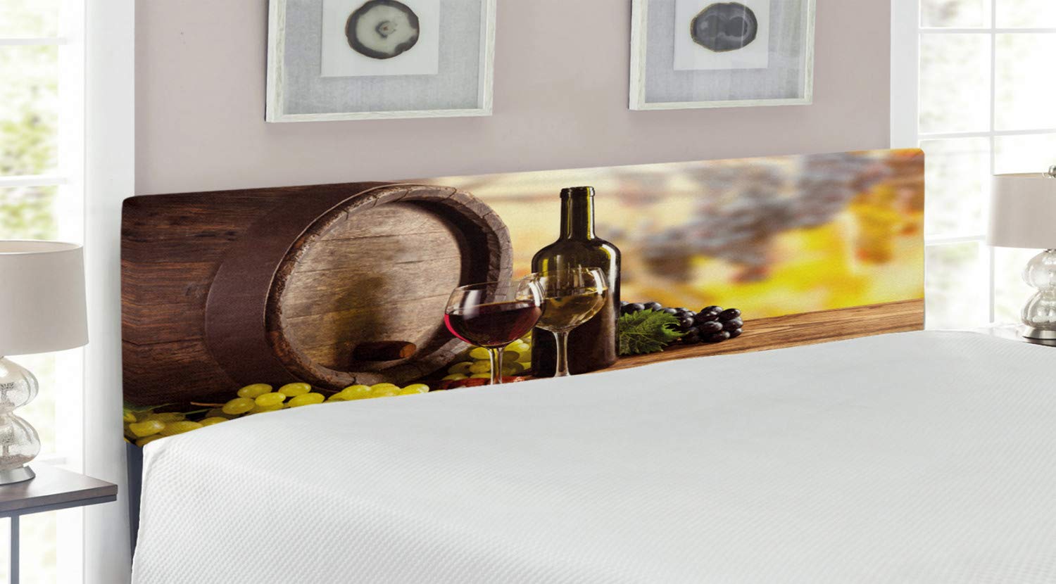 Ambesonne King Size Upholstered Wine Headboard - Red & White Wine Bottle Design on Wooden Keg, Decorative Metal Bed Frame with Memory Foam in Brown, Pale Green & Yellow | Perfect for Bedroom, Guest Room & Wine-Themed Decor