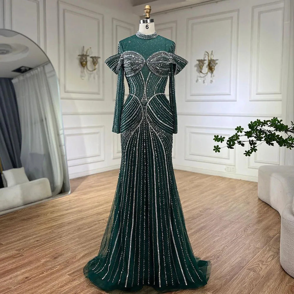 Elegant Beaded Mermaid Evening Gown for Women - Luxury Dubai Style Muslim Wedding Dress | Serene Hill Green Formal Gown for Special Occasions, Parties & Bridal Events 2025 | LA72547