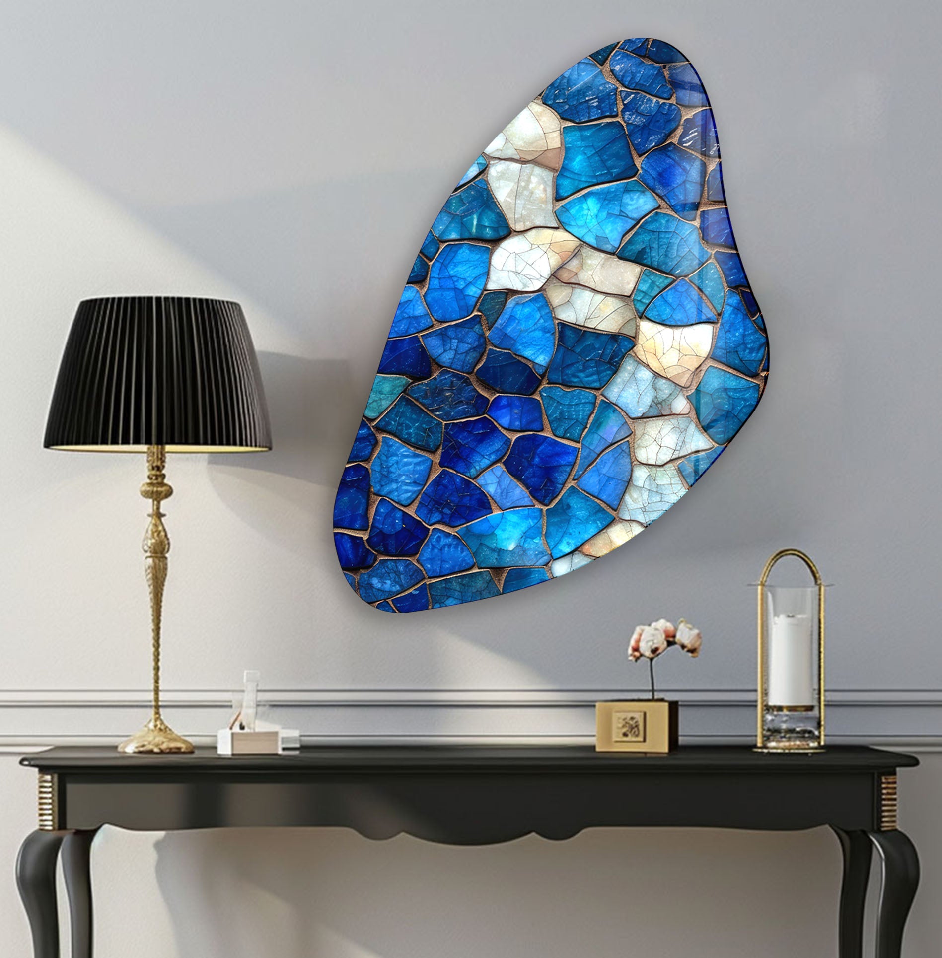 Handmade Blue Mosaic Asymmetrical Glass Wall Art - Modern Abstract Home Decor for Living Room, Bedroom & Office