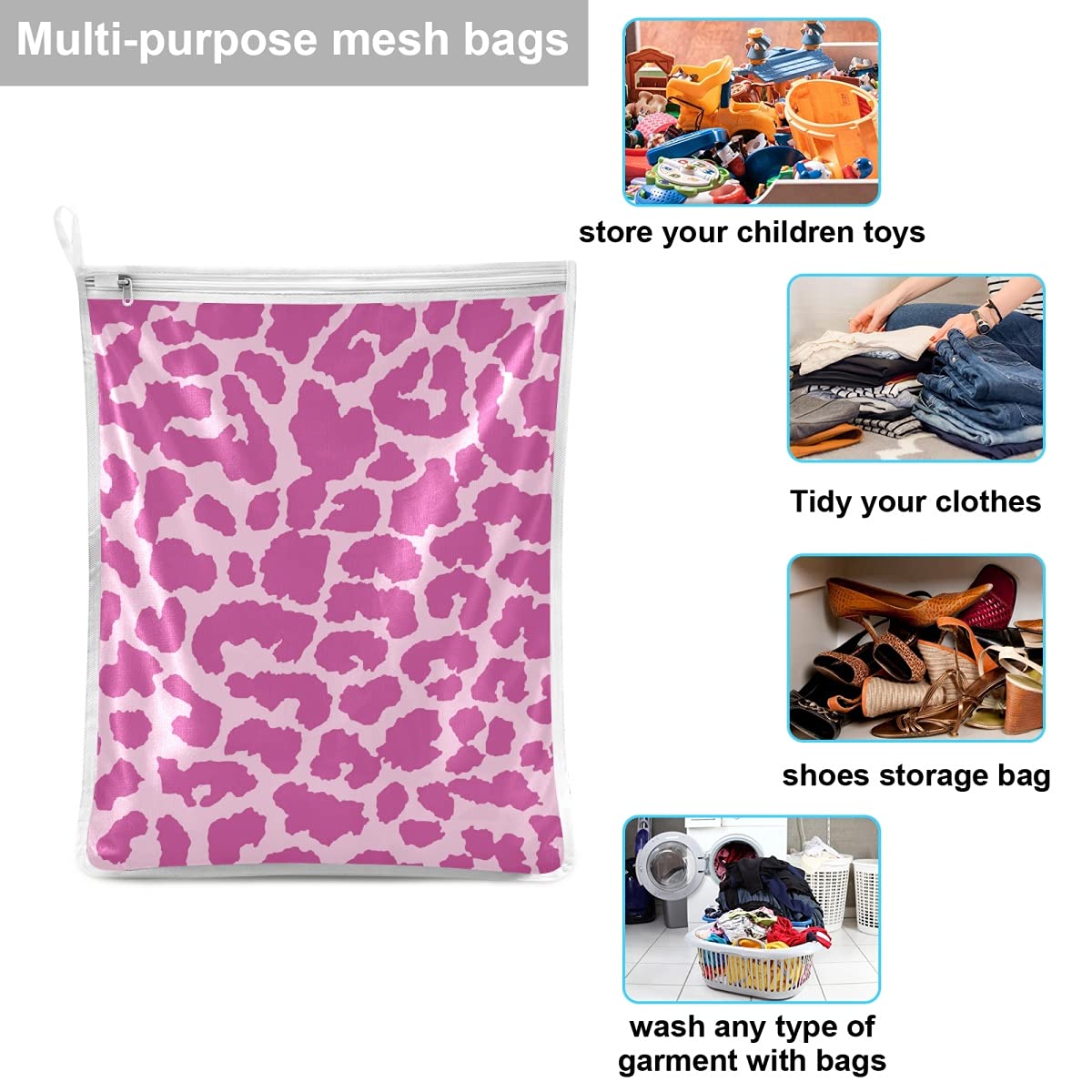 Pink Cheetah Print Mesh Laundry Bags for Delicates - 3 Pack Washing Organizer for Bras, Underwear, Socks & Lingerie | Travel Storage Solution for Gentle Garment Care | Perfect for College Dorms, Gym Bags & Vacation Packing
