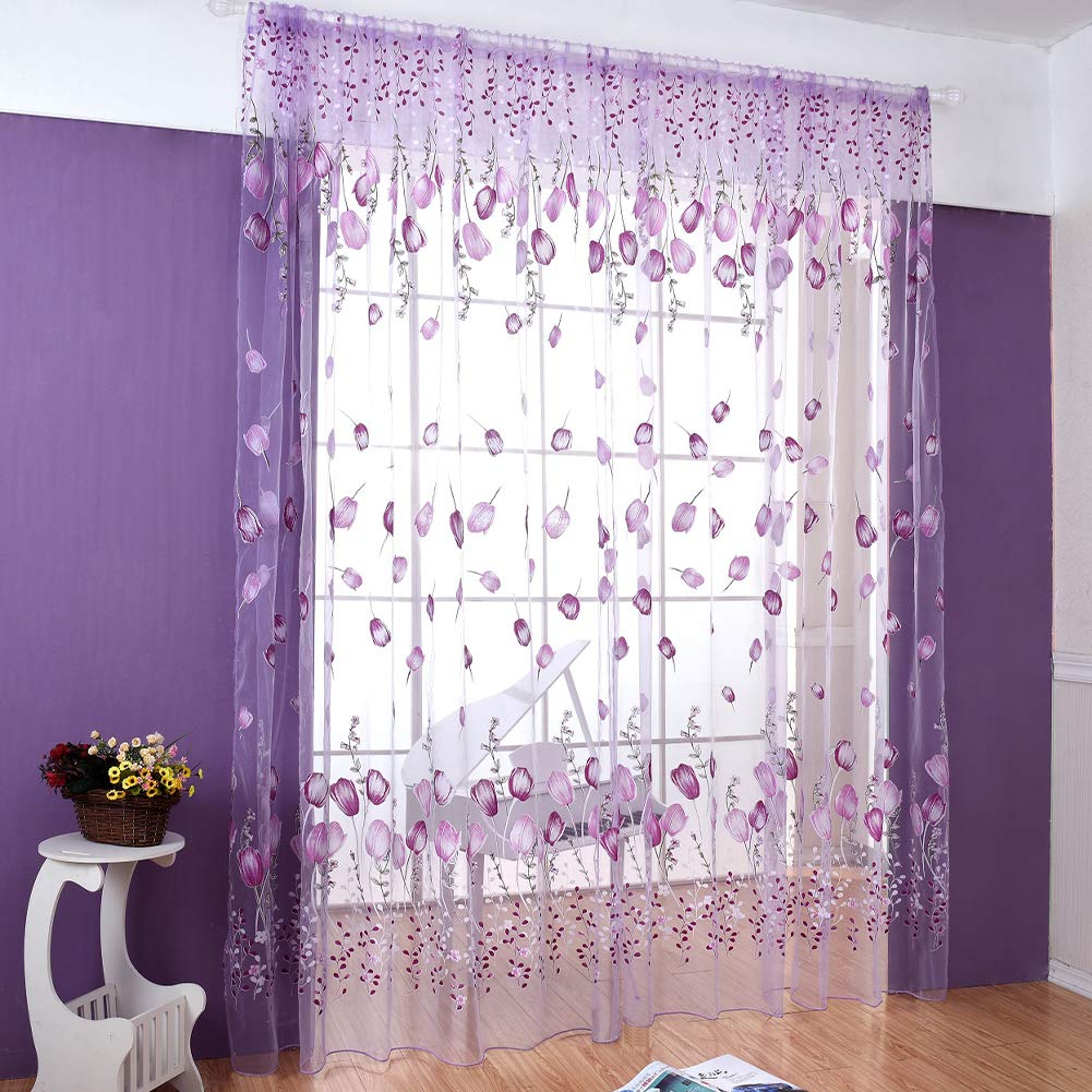 Elegant Purple Tulip Printed Sheer Voile Window Curtains - 100x200cm Light Filtering Drapes for Living Room & Bedroom Decor | Perfect for Privacy & Sun Protection