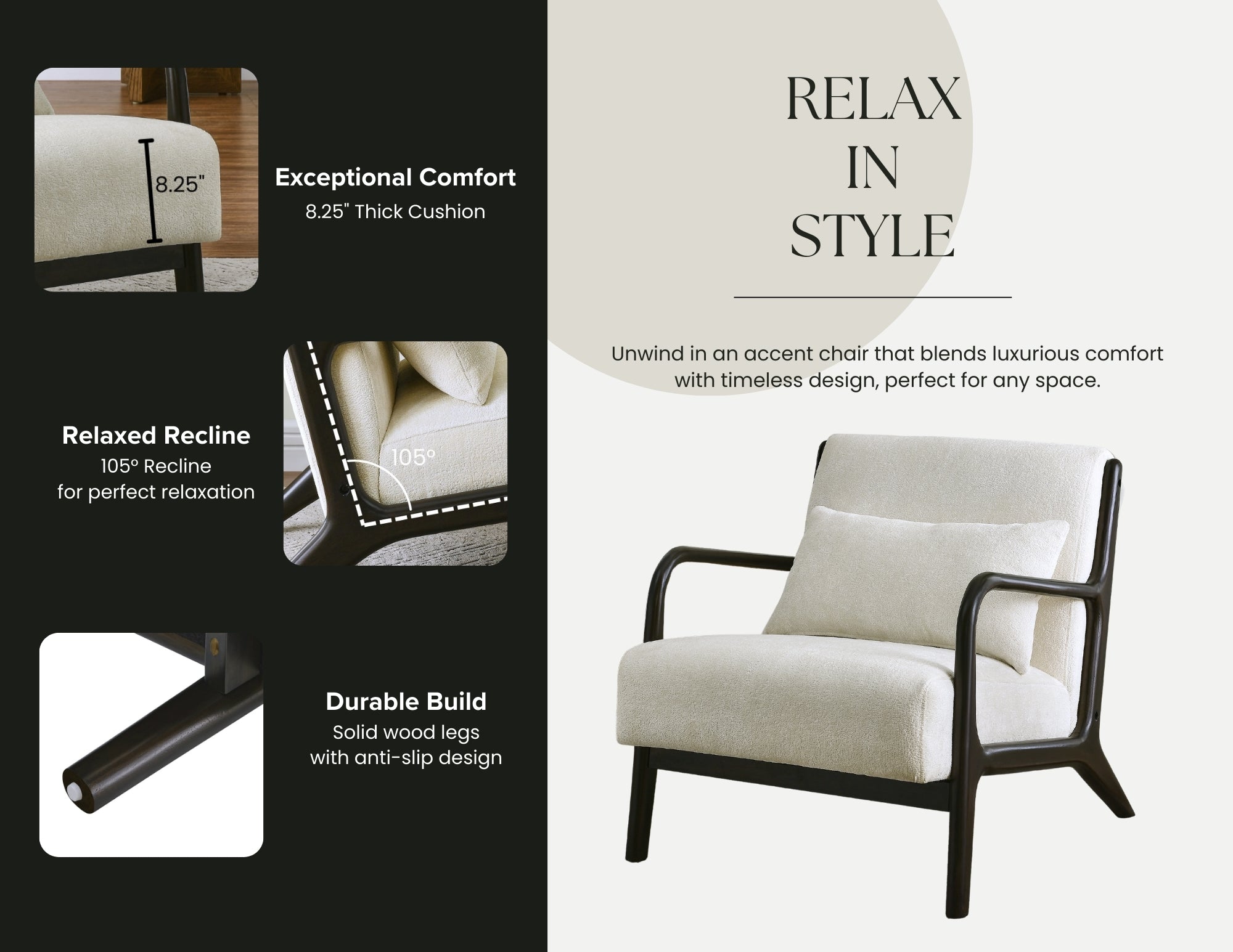 Mid Century Modern Accent Chair with Removable Lumbar Pillow - Roundhill Furniture Eterna - Perfect for Living Room, Bedroom & Office Decor