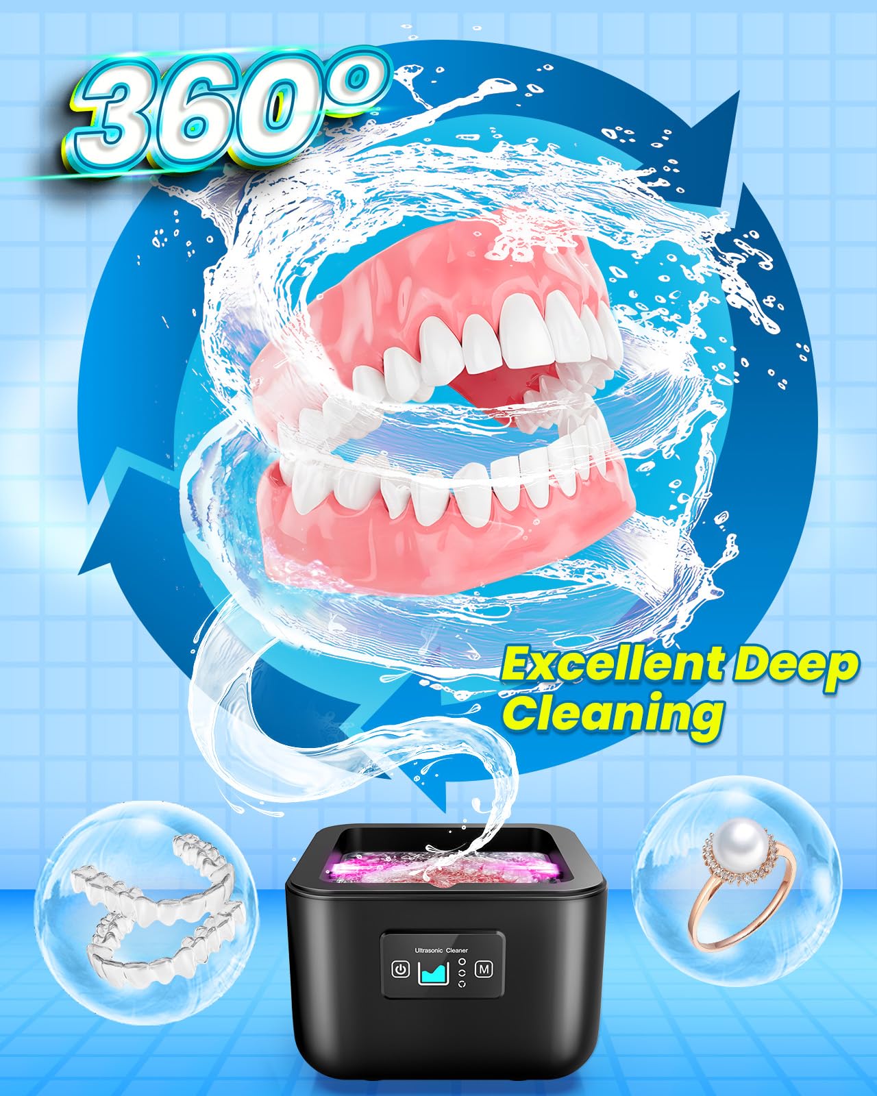 Professional Ultrasonic Jewelry Cleaner 45kHz - Dental Cleaner Machine with 3 Timer Settings for Rings, Watches, Jewelry & Dentures - Perfect for Home & Dental Office Use