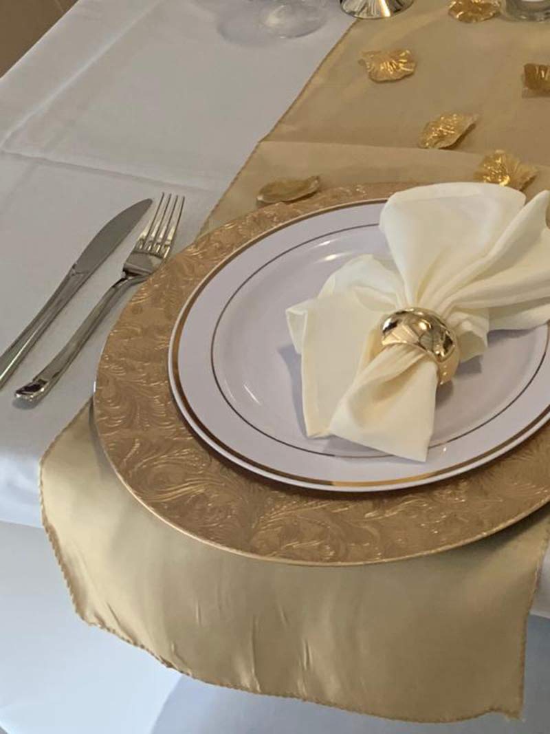 Premium Gold Plastic Charger Plates - Elegant Embossed Floral Design Set of 8 (13 Inch) - Stunning Dinnerware for Weddings, Easter, Formal Dinners & Special Occasions - Perfect Table Decor for Holiday Parties, Bridal Showers & Fine Dining Events