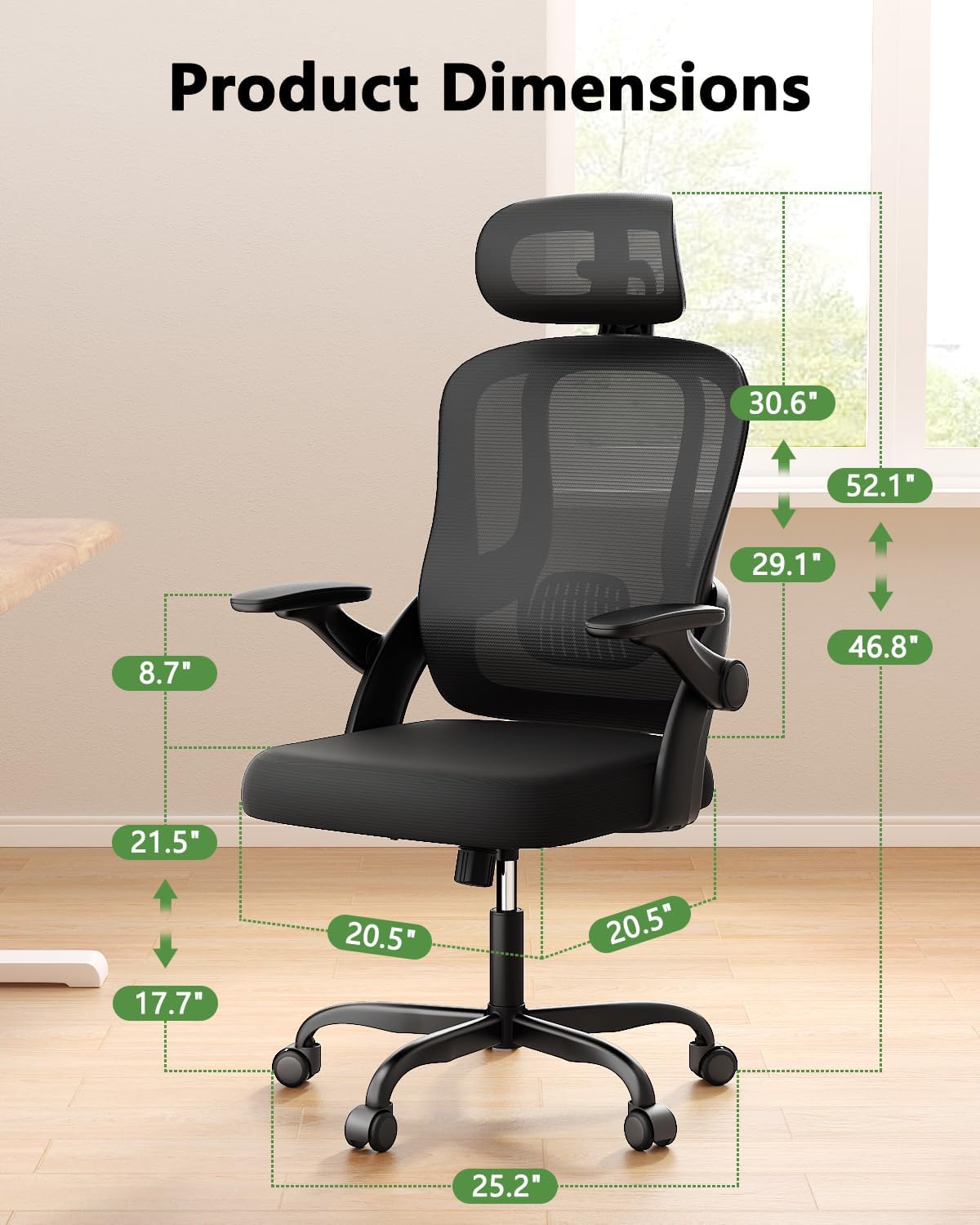 Ergonomic High Back Office Chair with 3D Adjustable Armrests & Lumbar Support - Breathable Mesh Computer Desk Chair with Headrest - Perfect for Home Office, Gaming, Remote Work & Study Sessions