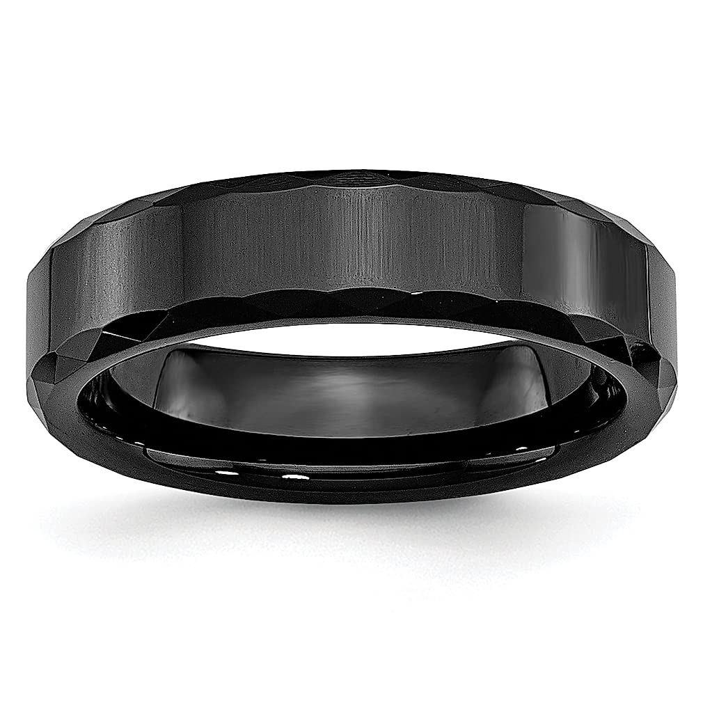 ICE CARATS 6mm Black Ceramic Beveled Edge Band Ring for Men - Classic Flat Wedding Ring, Fashion Jewelry Gift for Dad, Husband & Him - Perfect for Weddings, Anniversaries & Special Occasions