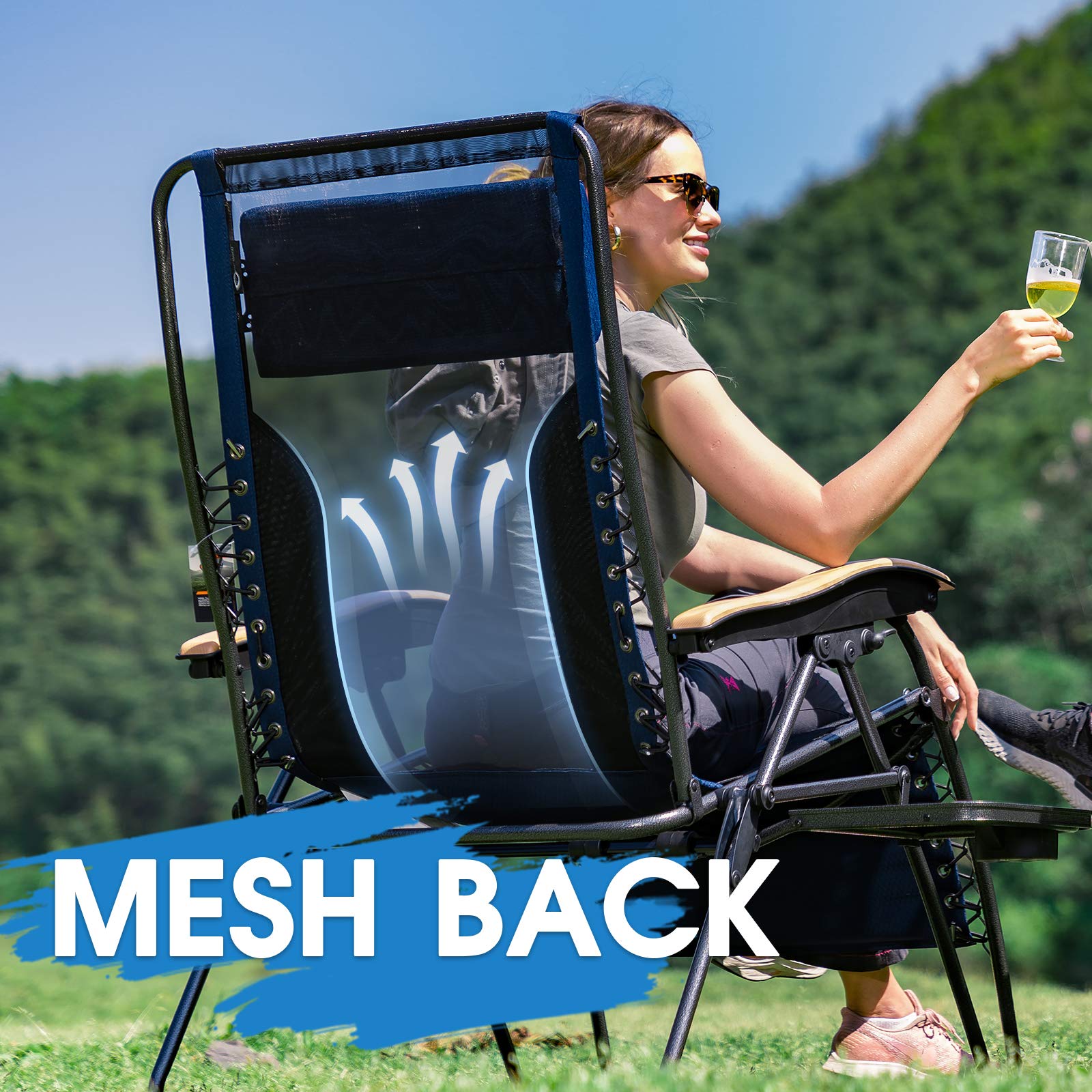 **XL Oversized Mesh Back Zero Gravity Reclining Patio Chair - Heavy Duty 350lbs Capacity, Padded Seat & Adjustable Pillows with Cup Holder - Foldable Lounge Chair for Poolside, Backyard, Lawn, or Beach Relaxation**