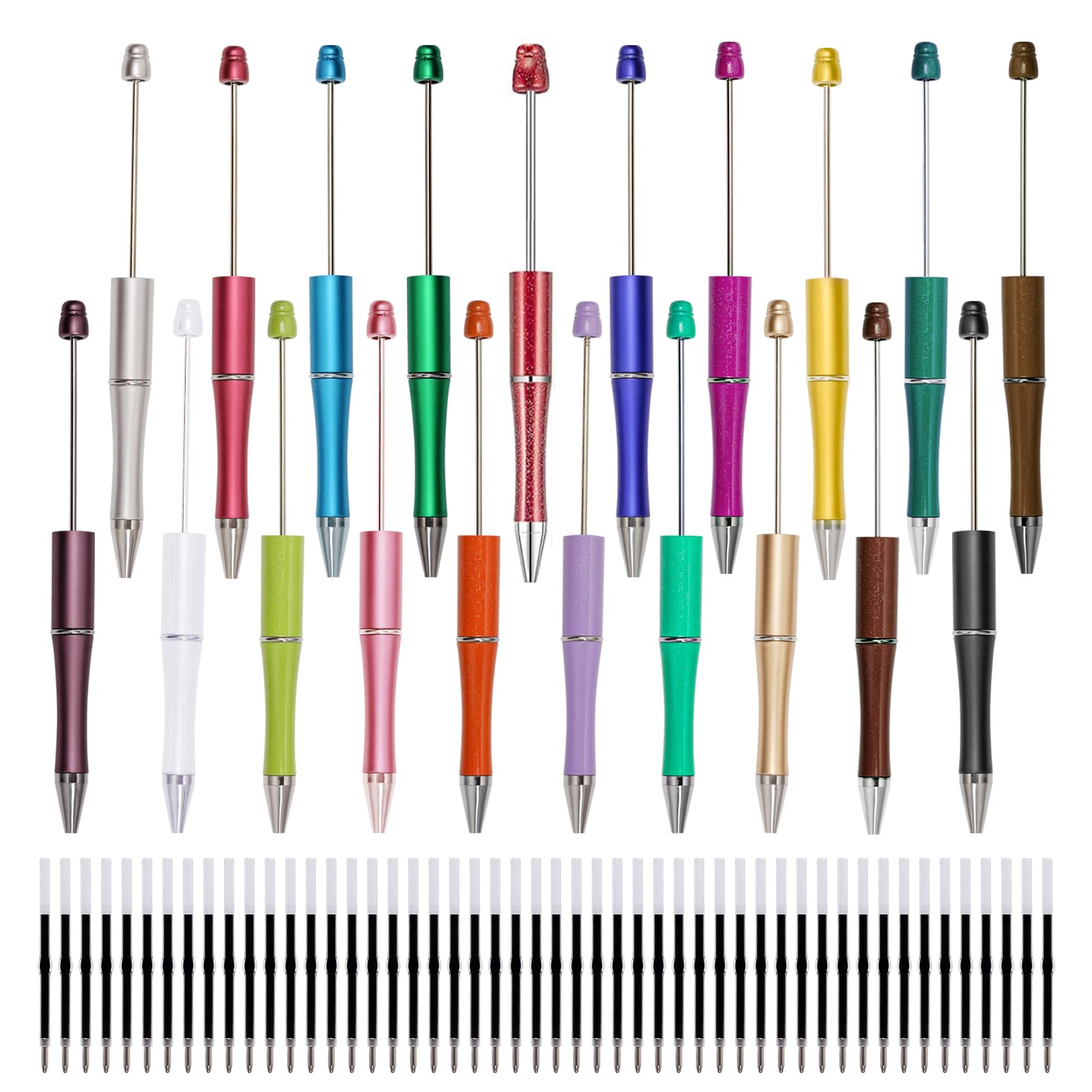 20Pcs Beadable Pens with 50Pcs Black Ink Refills - DIY Plastic Bead Ballpoint Pens Bulk for Journaling, School & Office Supplies - Perfect Gift for Women, Teachers, Graduation & Christmas (Great for Note-Taking, Crafts & Party Favors)