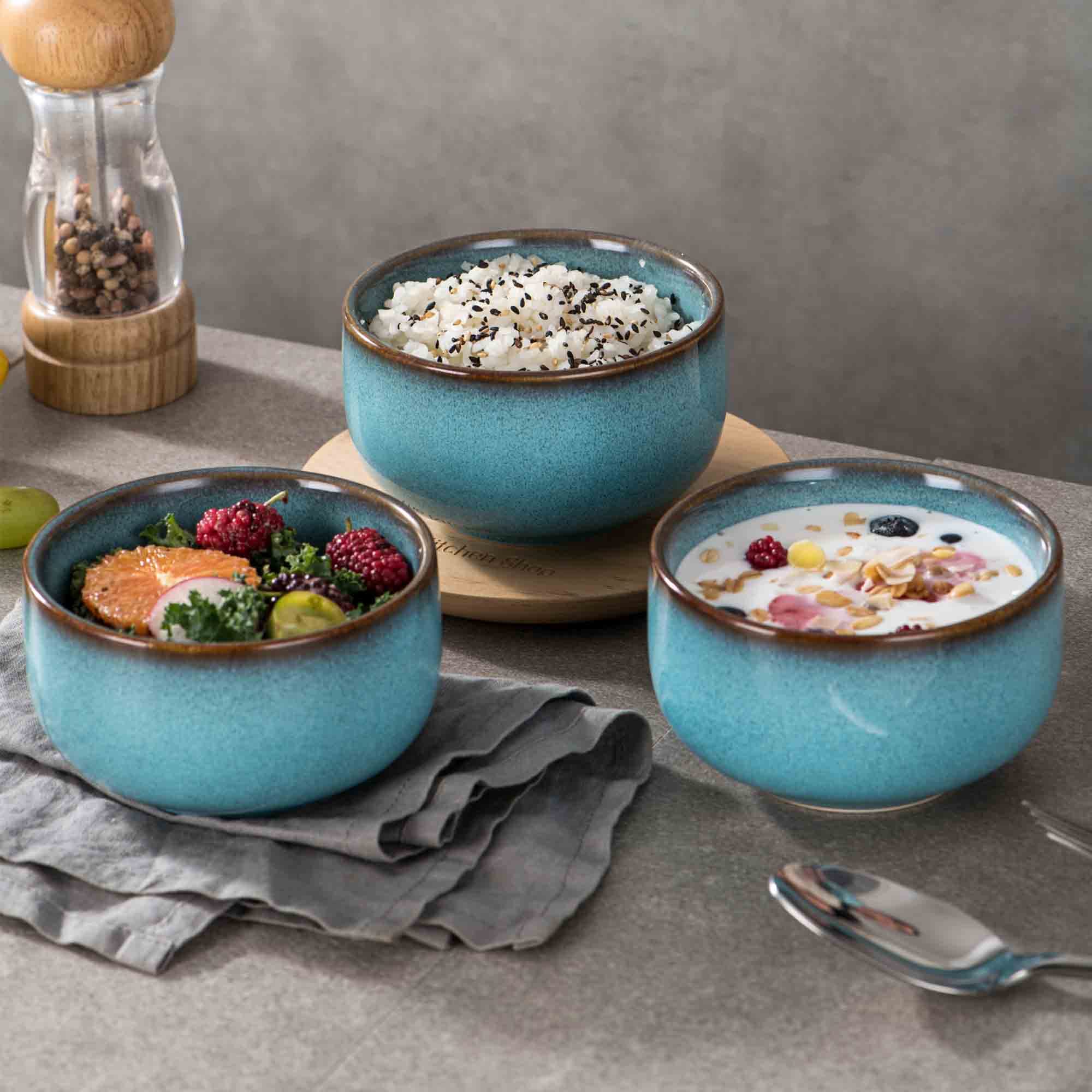 Henten Home 15 oz Ceramic Salad Bowls Set of 4 - Microwave Safe Porcelain Rice & Cereal Bowls with Reactive Glaze for Soup, Pasta, Snacks (Aqua) - Perfect for Kitchen, Dining, and Entertaining
