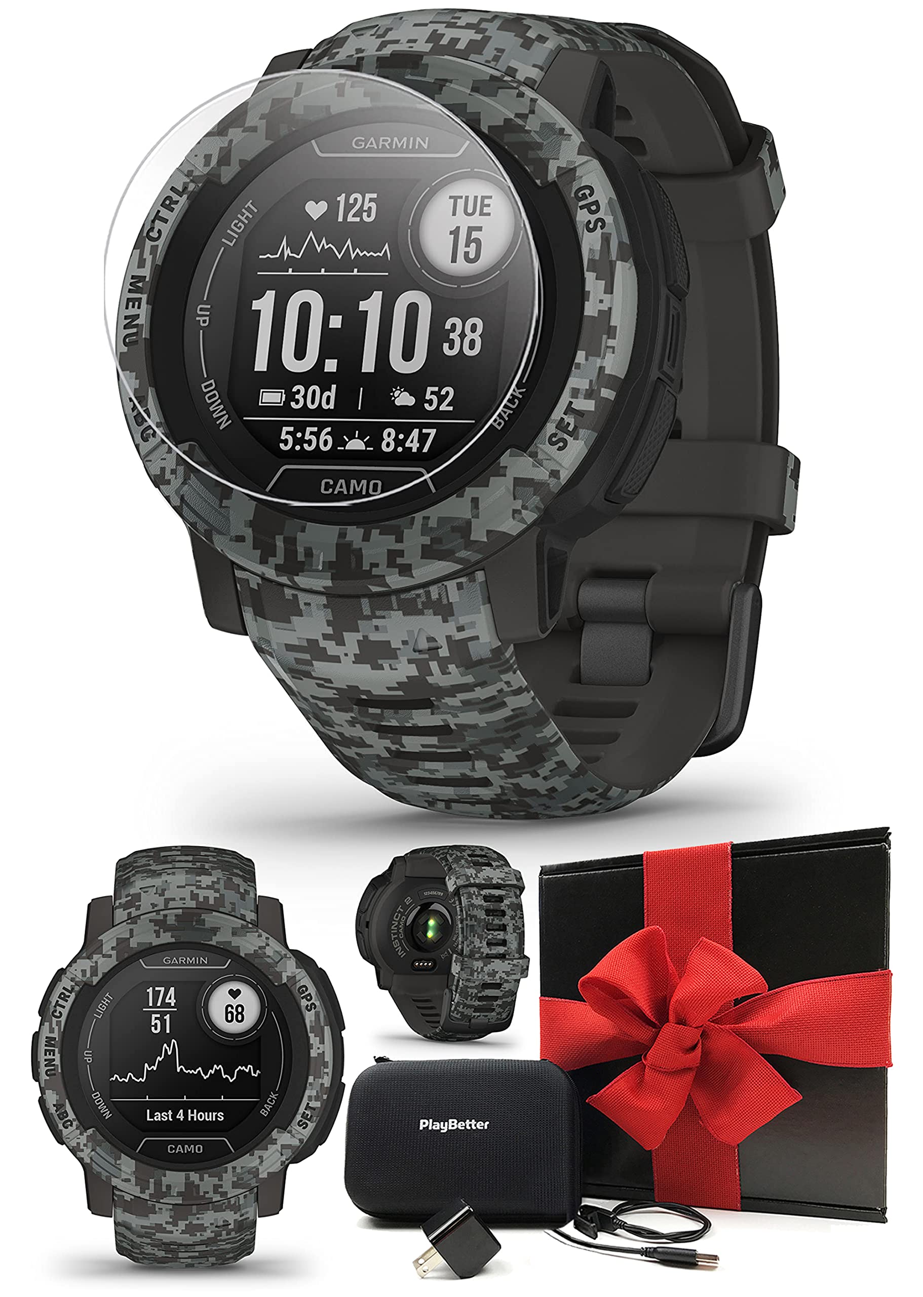 PlayBetter Garmin Instinct 2 Camo (Graphite) Rugged GPS Smartwatch Bundle - Military Tactical Watch with 24/7 Fitness Tracking, Heart Rate Monitor & Multi-GNSS Support | Includes TPU Screen Protector, Wall Charger & Hard Case (45mm) - Perfect for Outdoor Adventures, Hiking, Running & Military Training