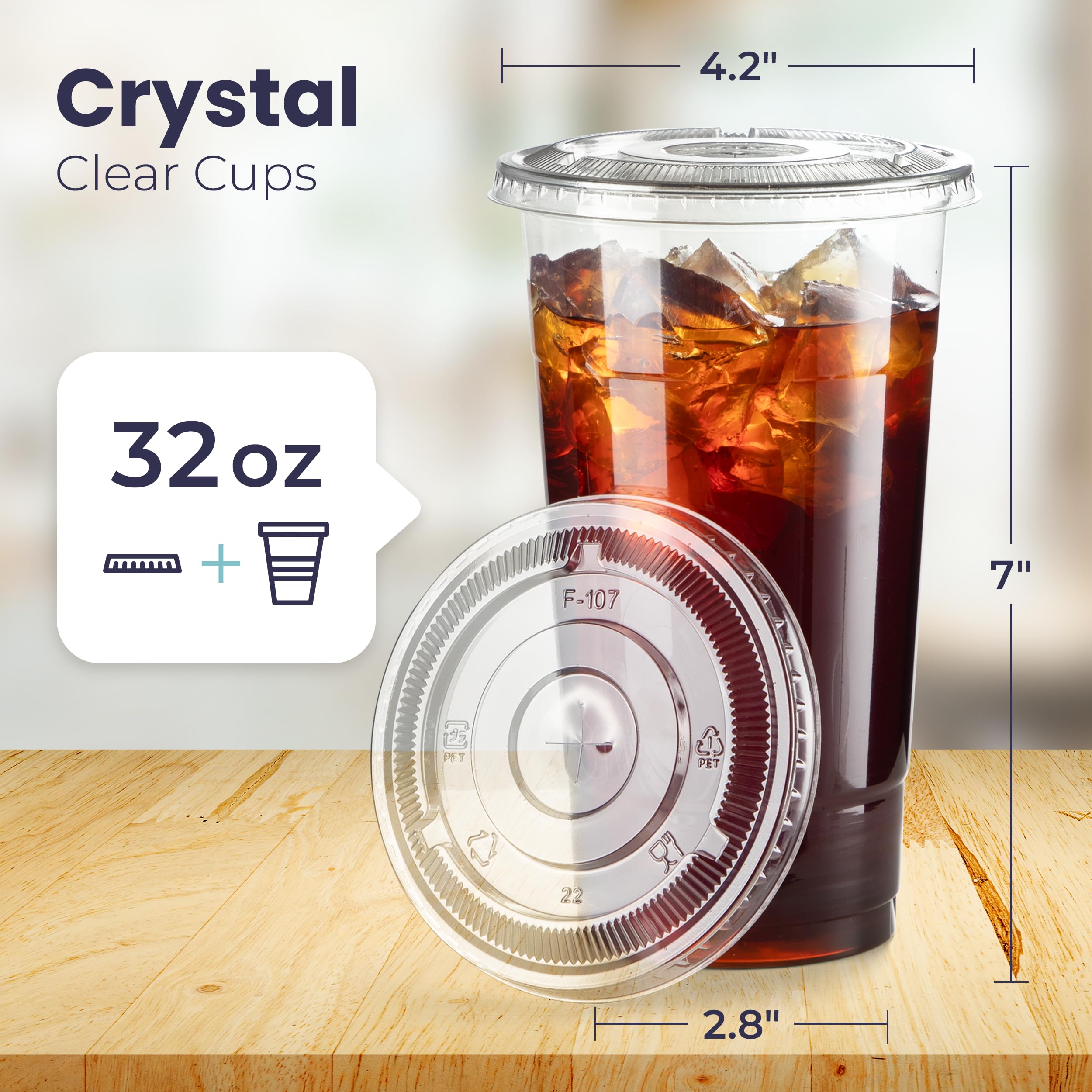 300-Pack 32oz Clear Plastic Cups with Flat Lids - BPA Free Disposable Meal Prep & Iced Coffee Cups - Crystal Smoothie Cups for Cold Drinks, Juice, Milkshakes - Perfect for Parties, Lemonade Stands, Restaurants & Catering Events