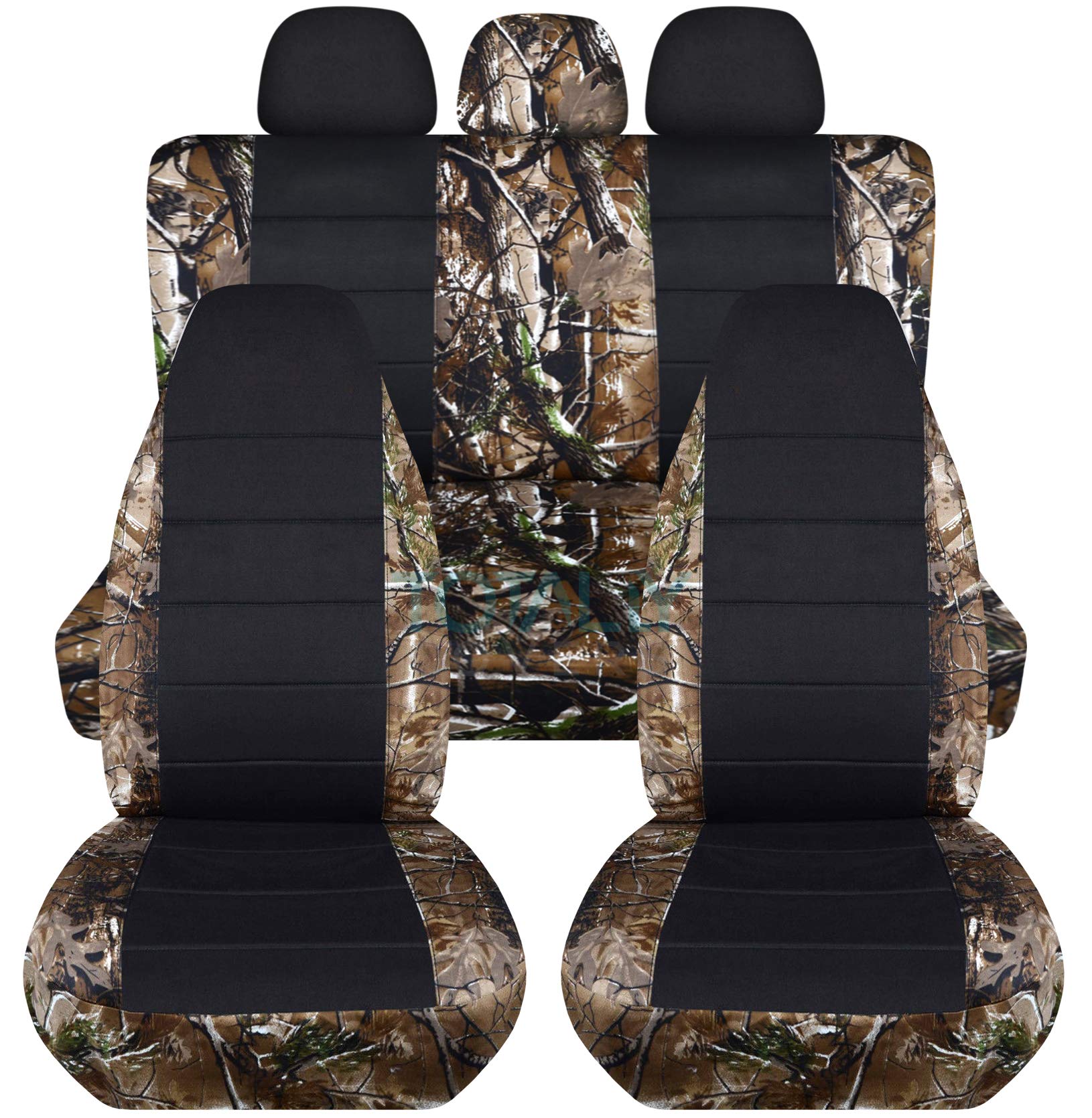 Woodland Camo & Black Universal Car Seat Covers Set with 3 Rear Headrest Covers - Semi-Custom Fit for Cars, Trucks, Vans, RVs & SUVs (22 Patterns) - Durable Protection for Hunting, Outdoor Adventures & Daily Commute