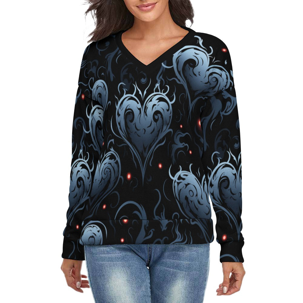 Gothic Blue Heart V-Neck Long Sleeve Sweater for Women | Vintage Lace Knit Pullover | Perfect for Halloween, Christmas & Gothic Fashion Lovers