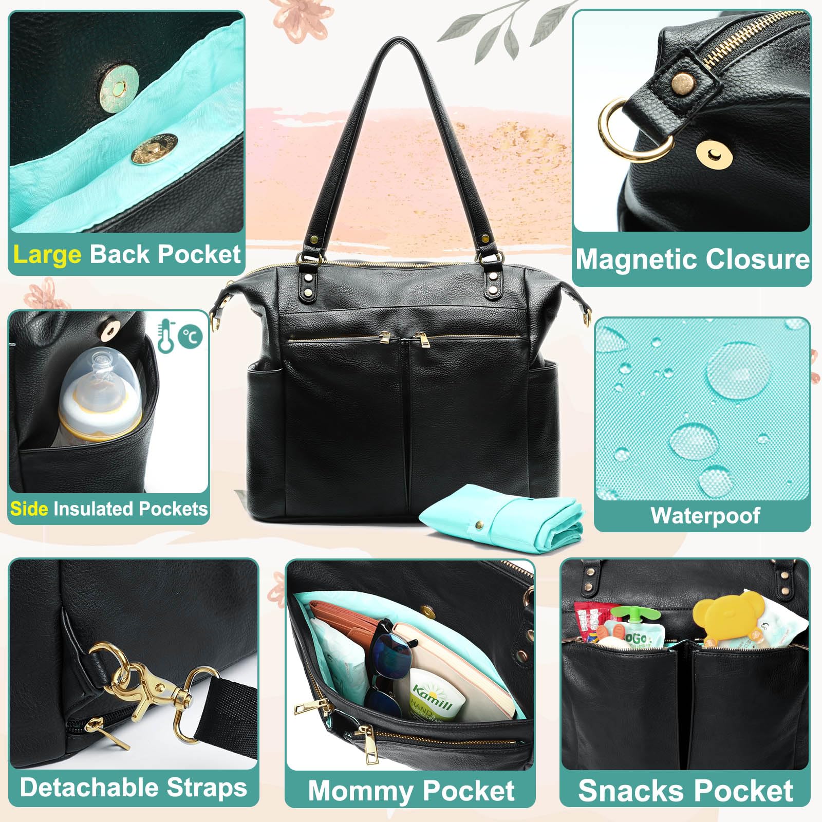 Premium Leather Diaper Bag Backpack for Moms - Large Tote with 14 Pockets, Insulated Compartments & Changing Pad | Convertible Baby Bag for Travel, Daycare & On-the-Go Parenting (Black)