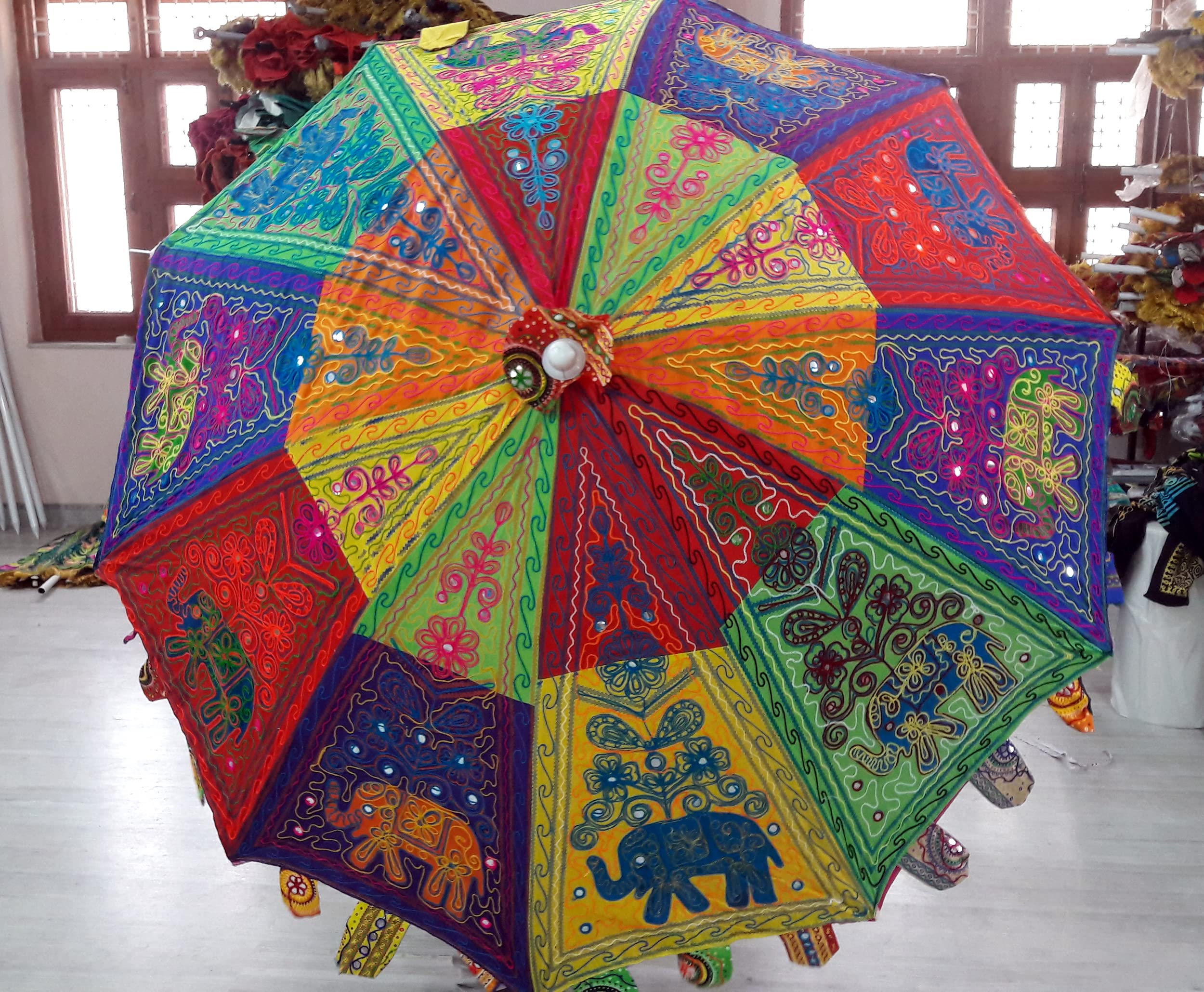 Stylish Indian Hippie Multi-Colored Beach Umbrella - Sun Shade with Embroidery for Wedding, Outdoor Patio & Boho Decor (Elephant Design) - Perfect for Beach Parties, Garden Events & Tropical Vacations