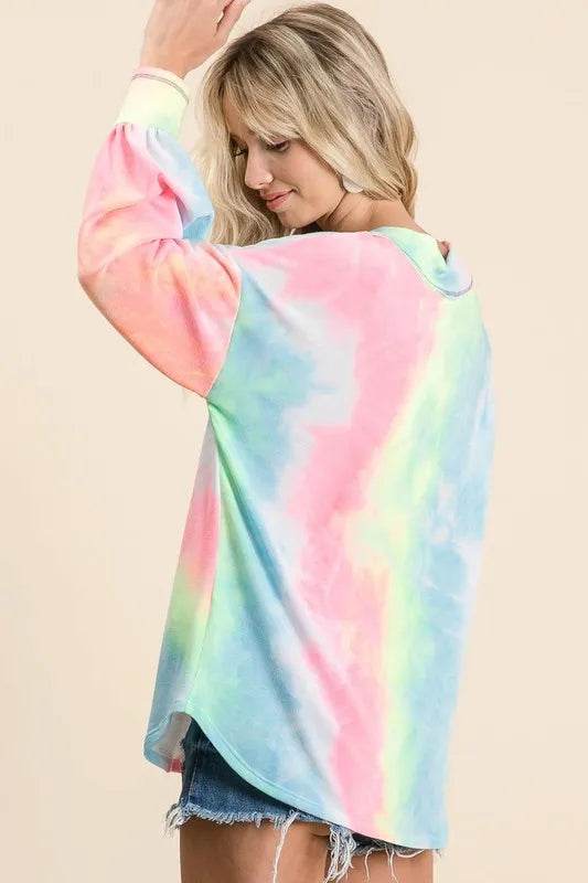 Bibi Tie Dye French Terry V-Neck Top with Puff Sleeves in Pink Multi | Women's Casual Boho Blouse | Perfect for Summer Outfits, Beach Wear & Music Festivals